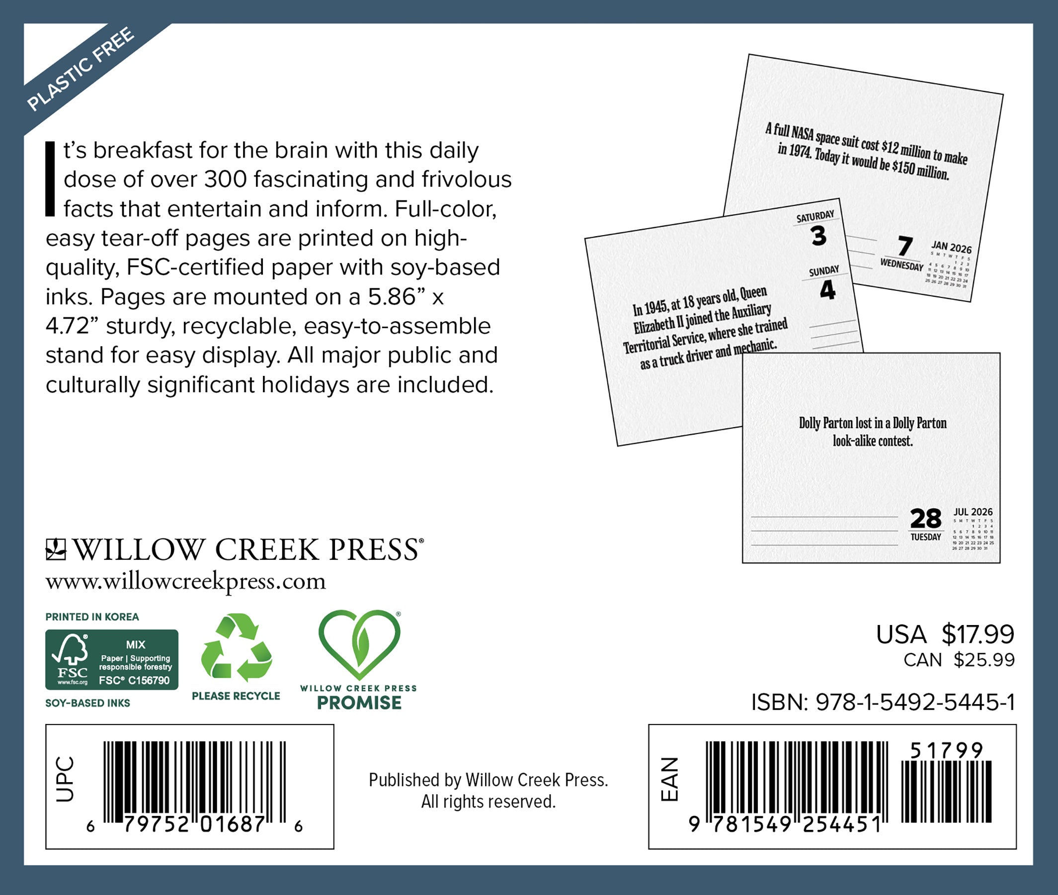 2026 Daily Box Calendar back cover with details on quality, dimensions, and information about daily facts.