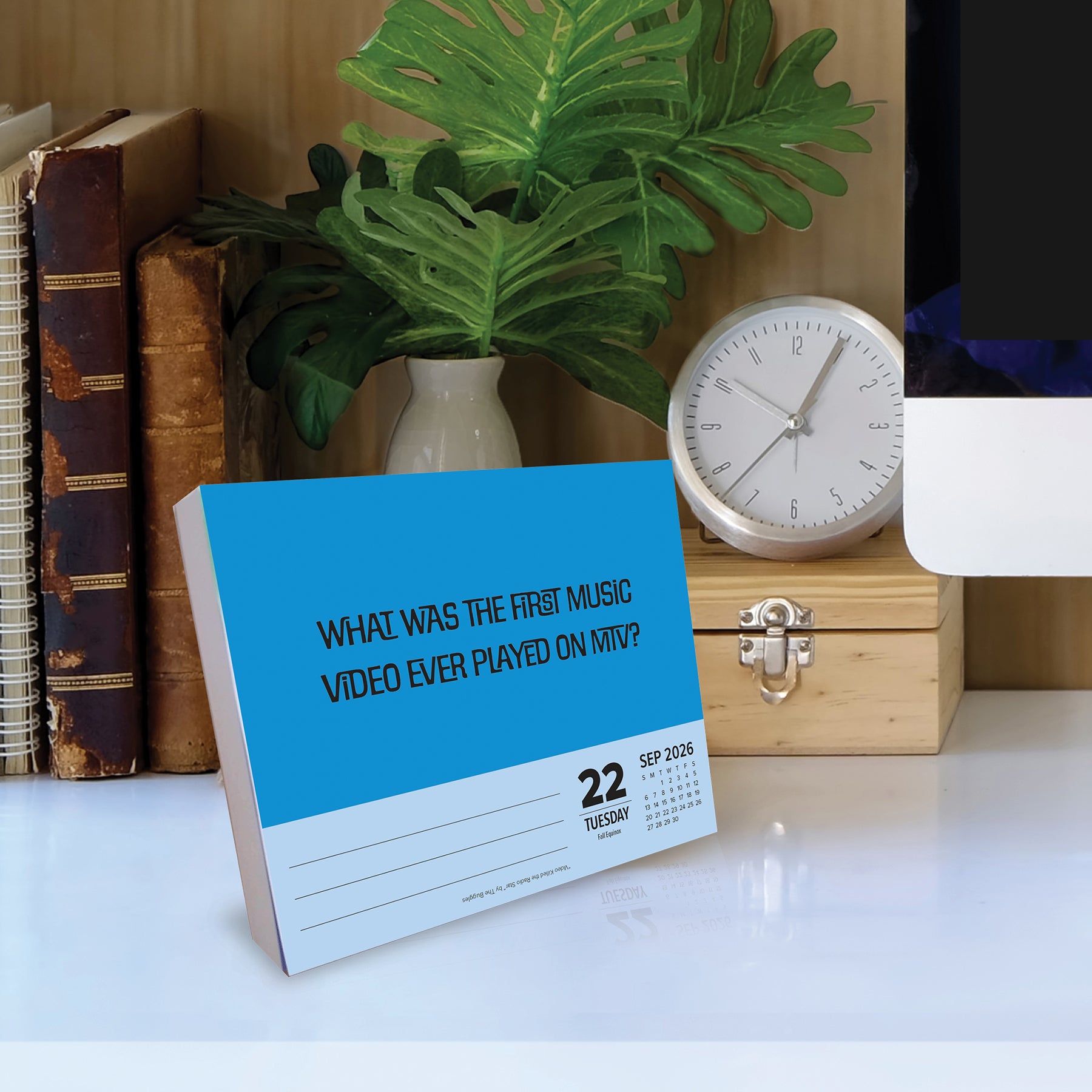 2026 Daily Box Calendar displaying a trivia question about the first music video played on MTV.