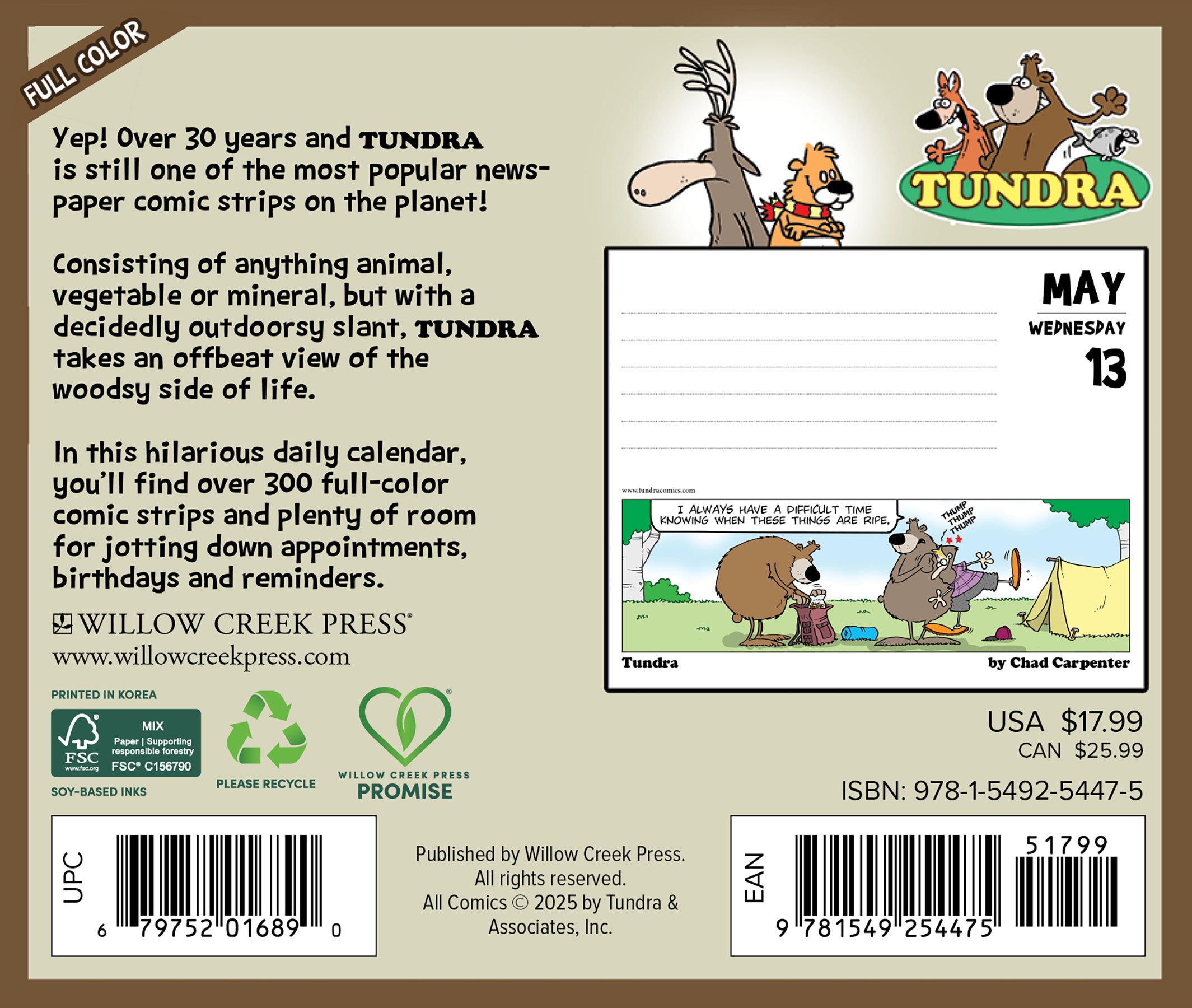 2026 Daily Box Calendar back cover featuring Tundra comic strips and details.