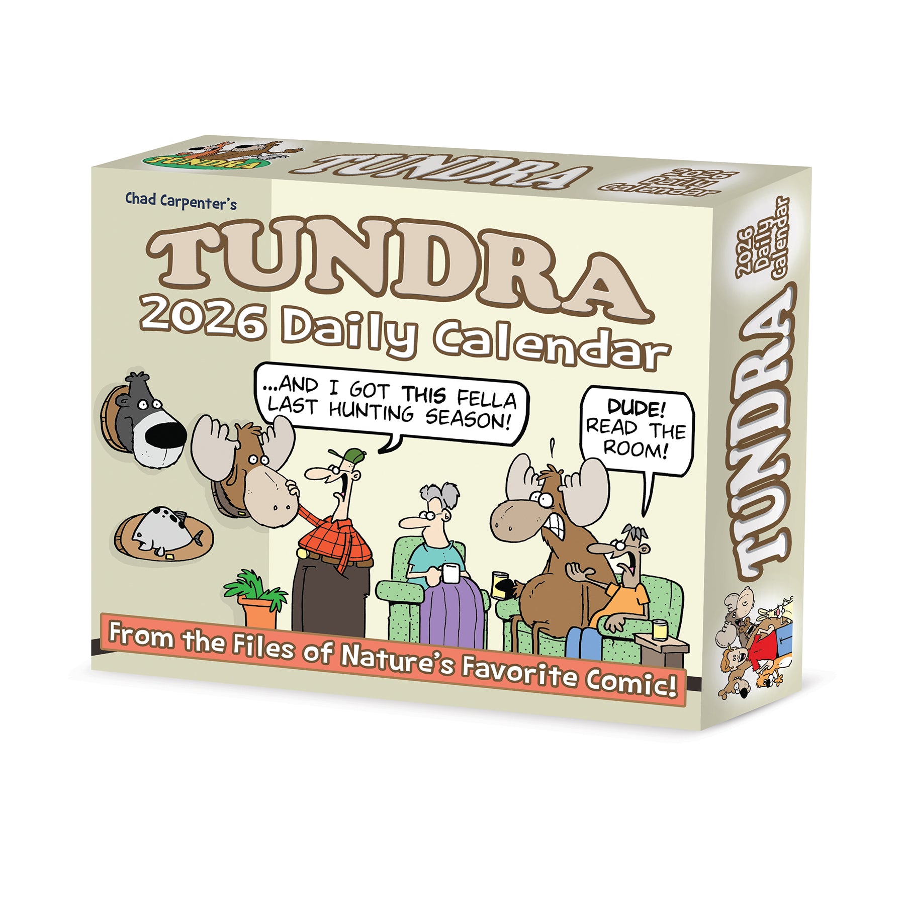 Tundra 2026 Daily Box Calendar featuring humorous wildlife comics and zany characters display.
