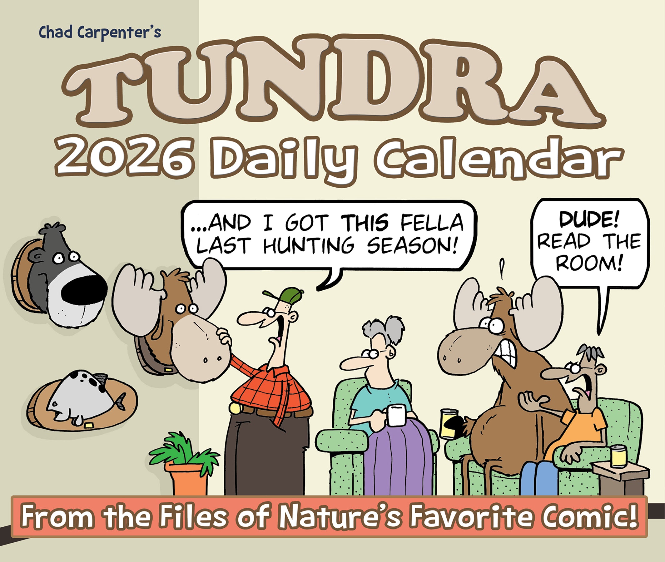 Tundra 2026 Daily Box Calendar featuring humorous comic characters and wilderness antics from Chad Carpenter.