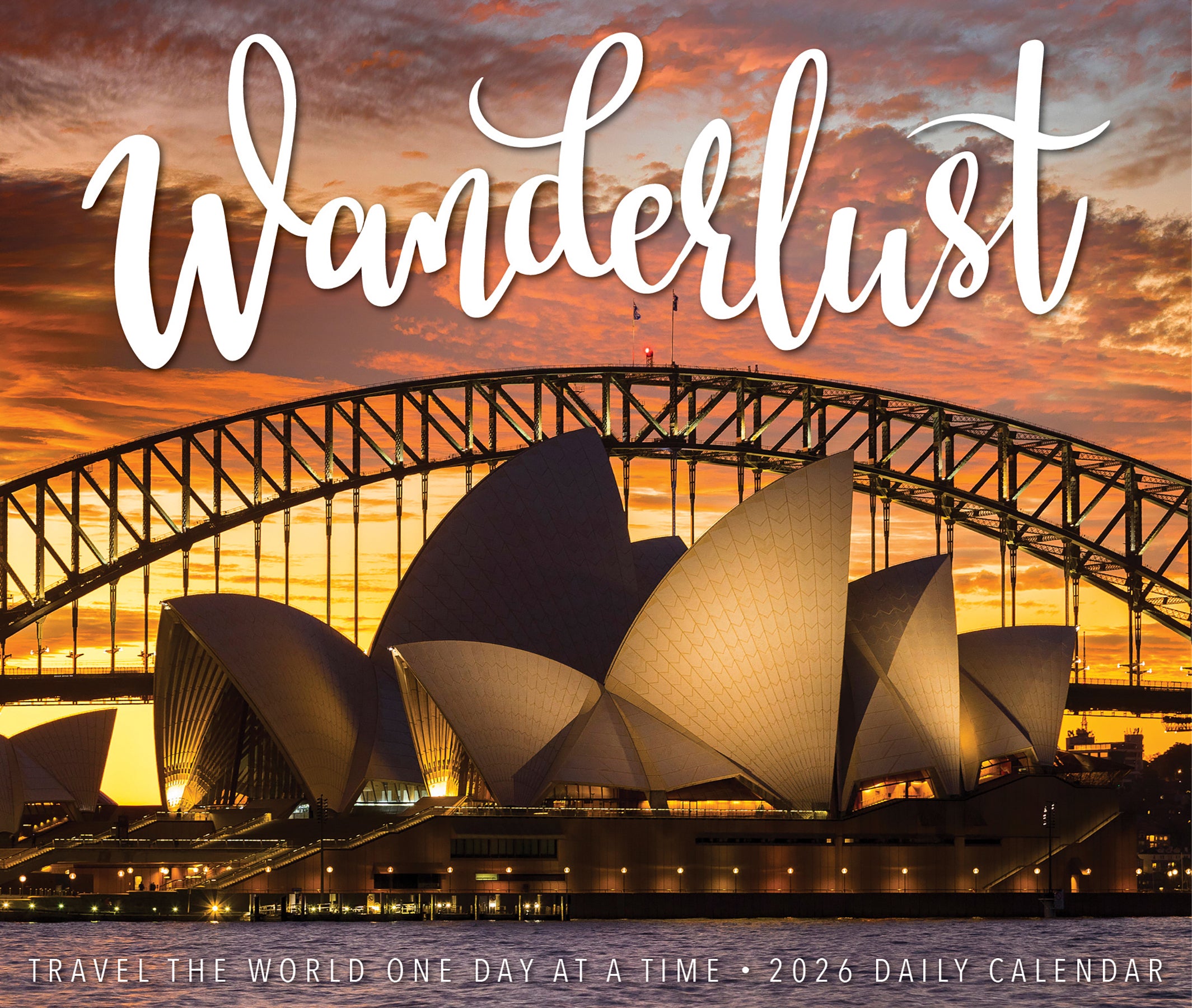 Wanderlust 2026 Daily Box Calendar showcasing the Sydney Opera House and Harbour Bridge against a sunset background.