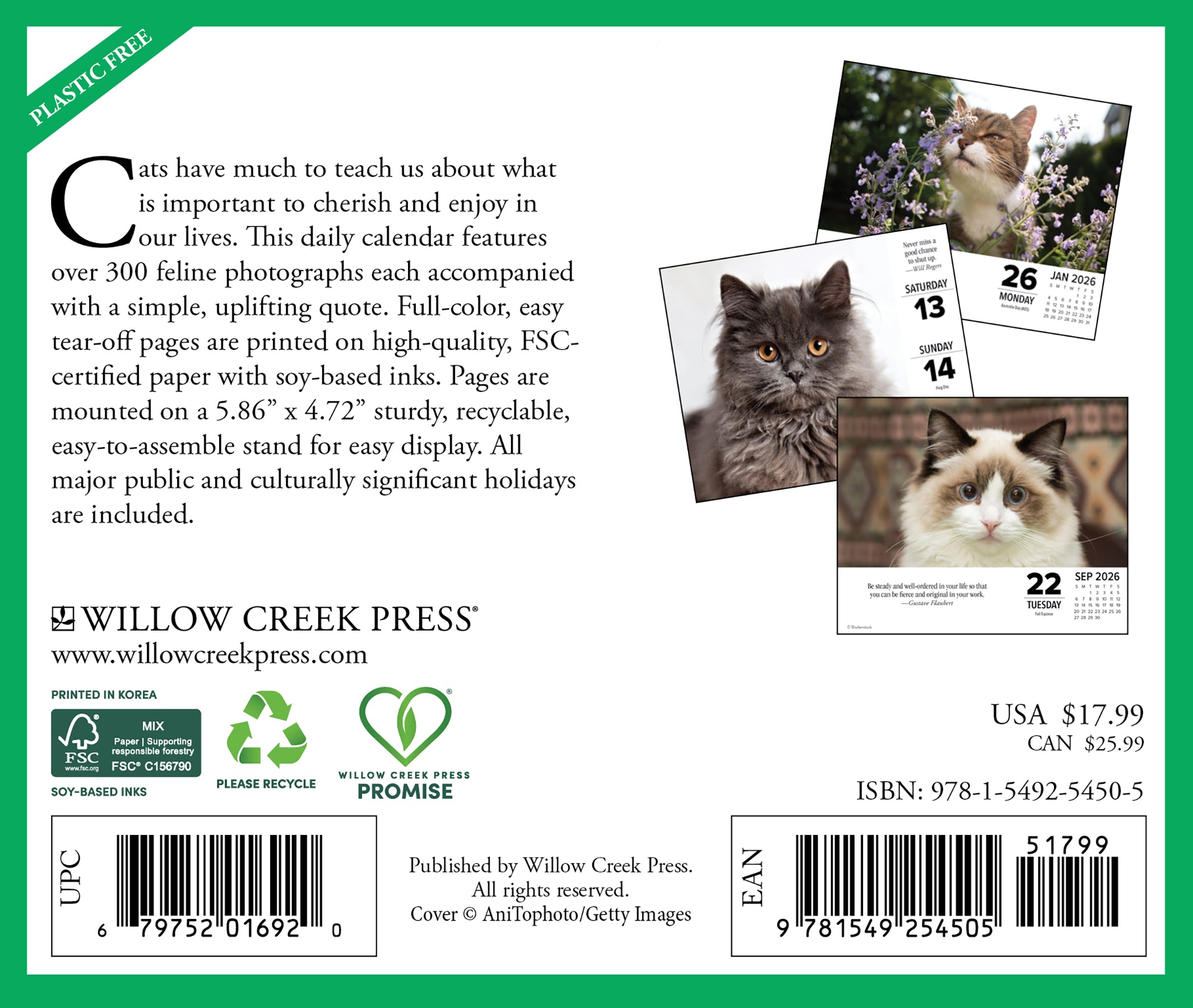 What Cats Teach Us 2026 6.2" x 5.4" Box Calendar back cover with feline photographs and calendar pages.