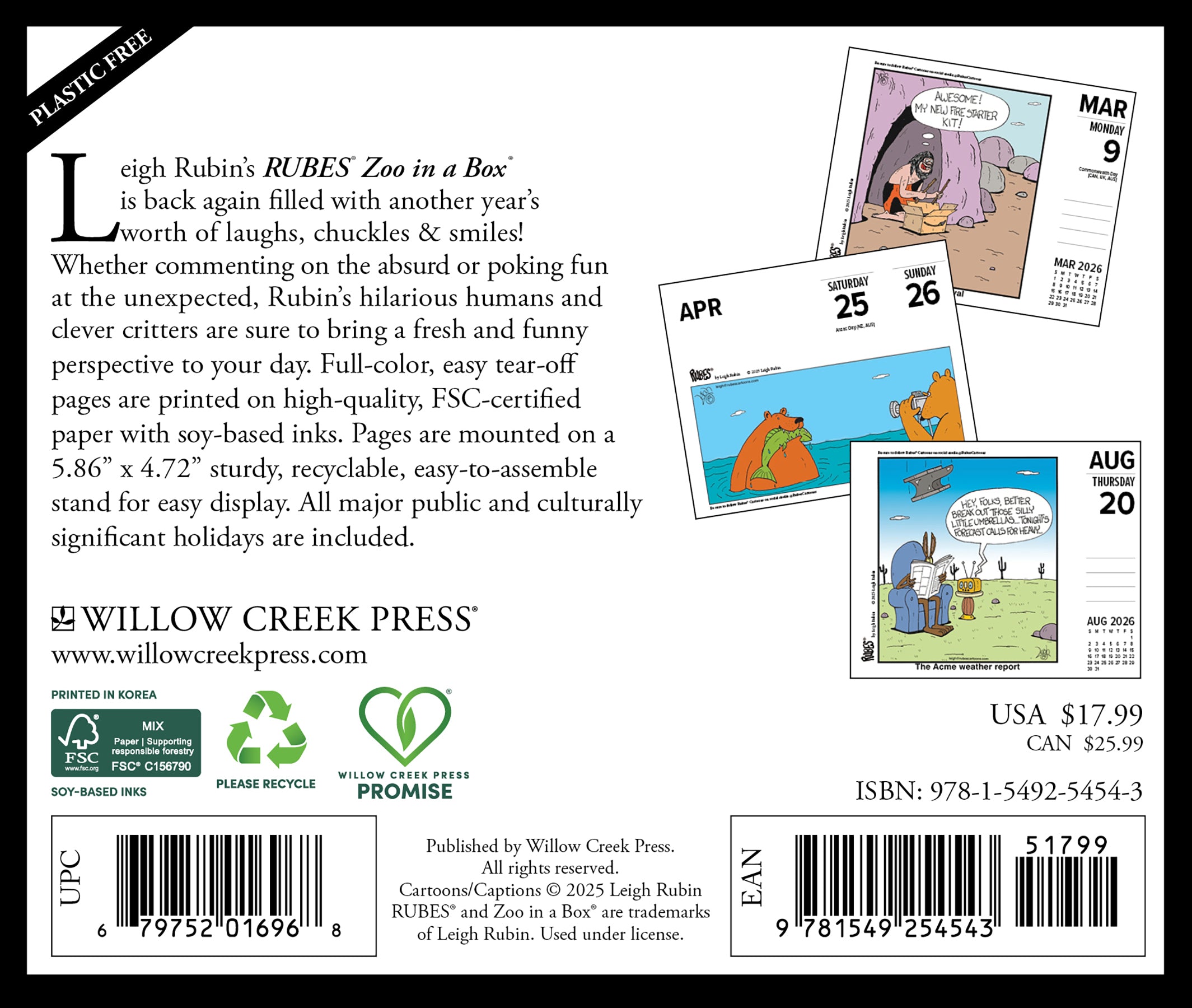 Leigh Rubin's RUBES Zoo In A Box 2026 Daily Box Calendar back cover with descriptions and artwork.