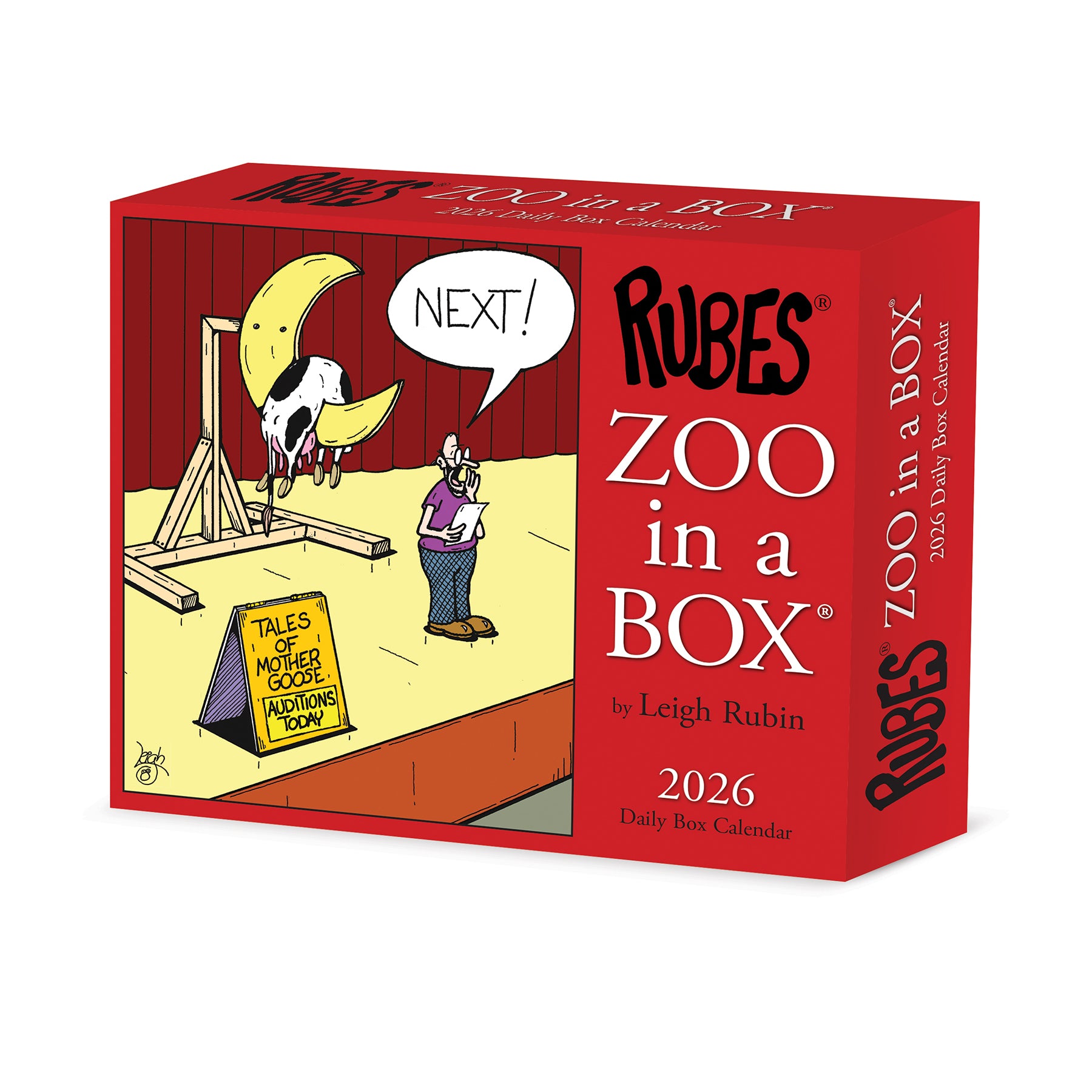RUBES Zoo In A Box 2026 Daily Box Calendar featuring humorous animal cartoons and unique artwork.