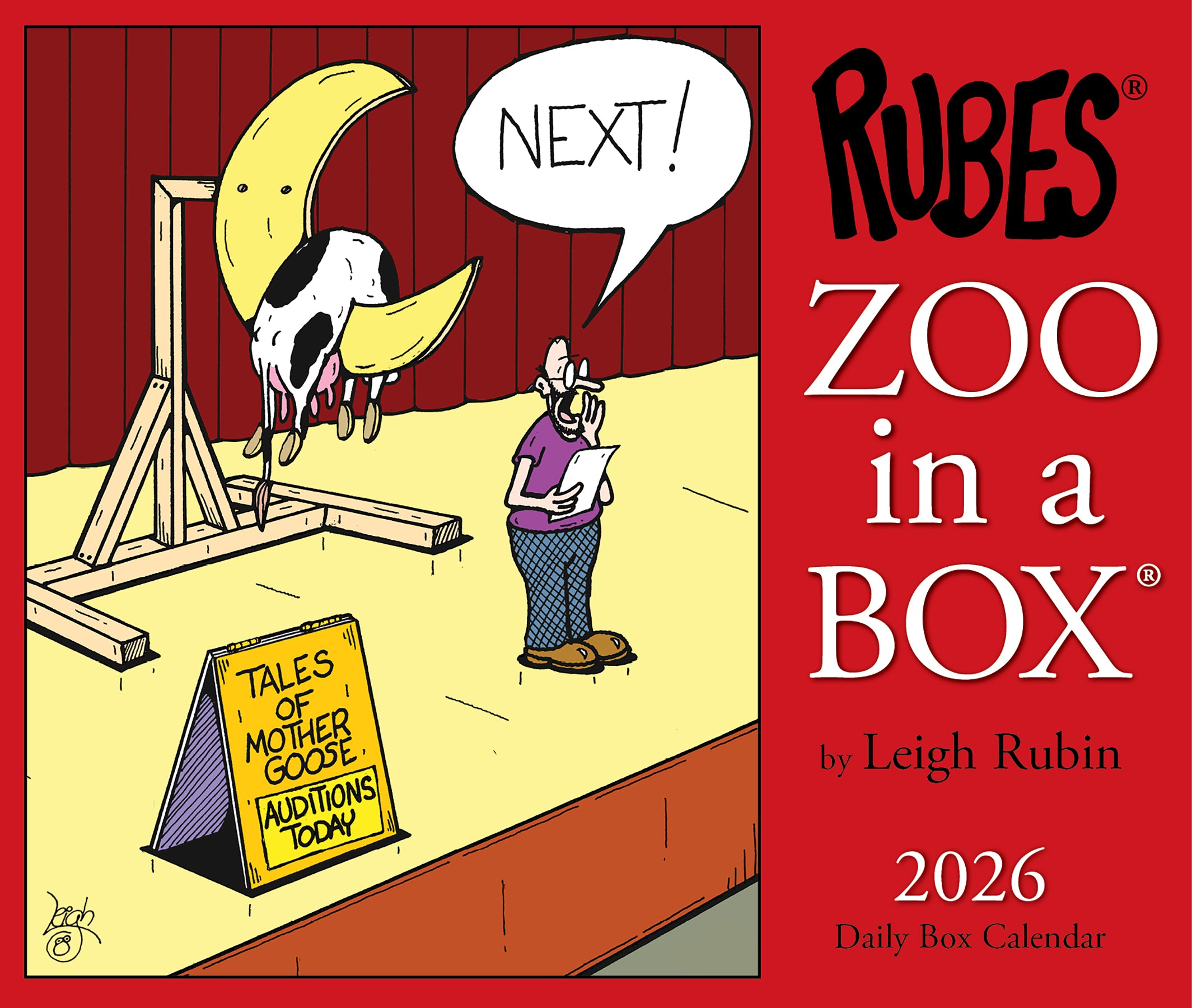 Rubin's Zoo In A Box 6.2" x 5.4" cover with humorous cartoon, 2026 Daily Box Calendar showcasing animal antics.