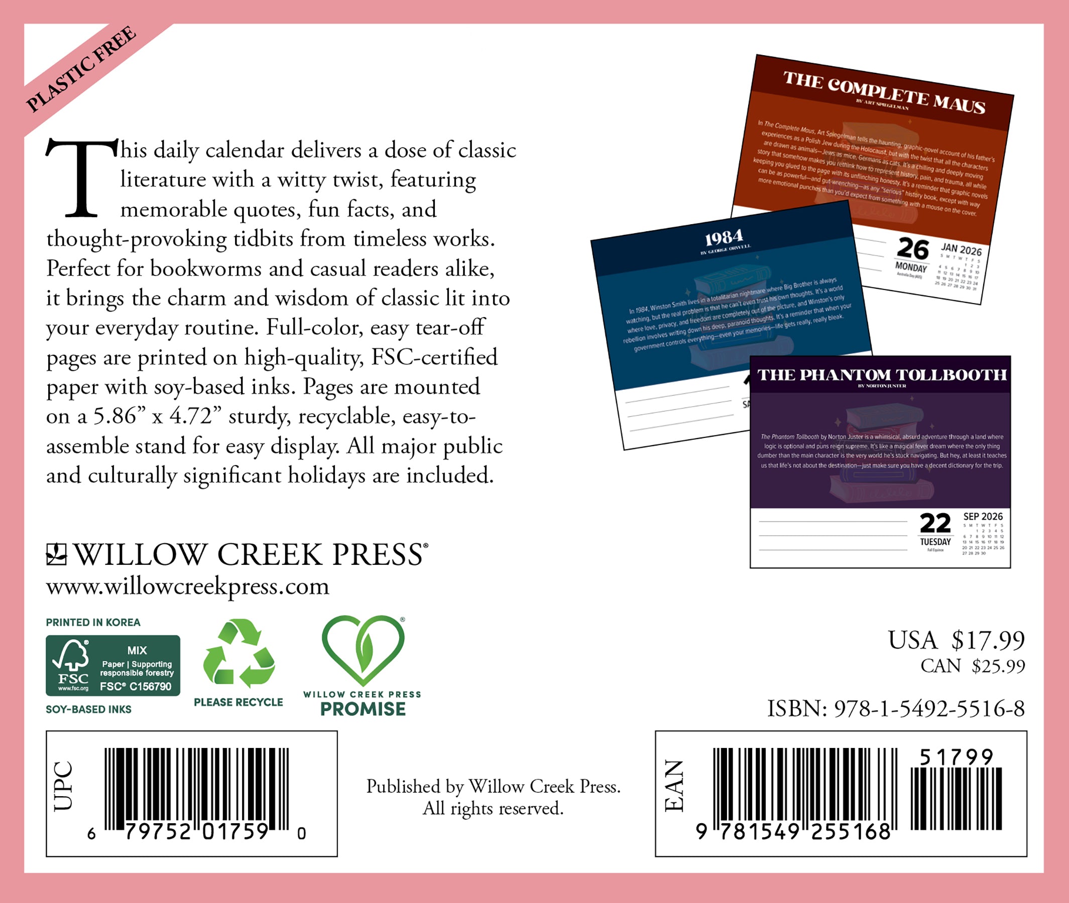 Cover to Cover 2026 Daily Box Calendar back view showcasing classic literature and fun facts.