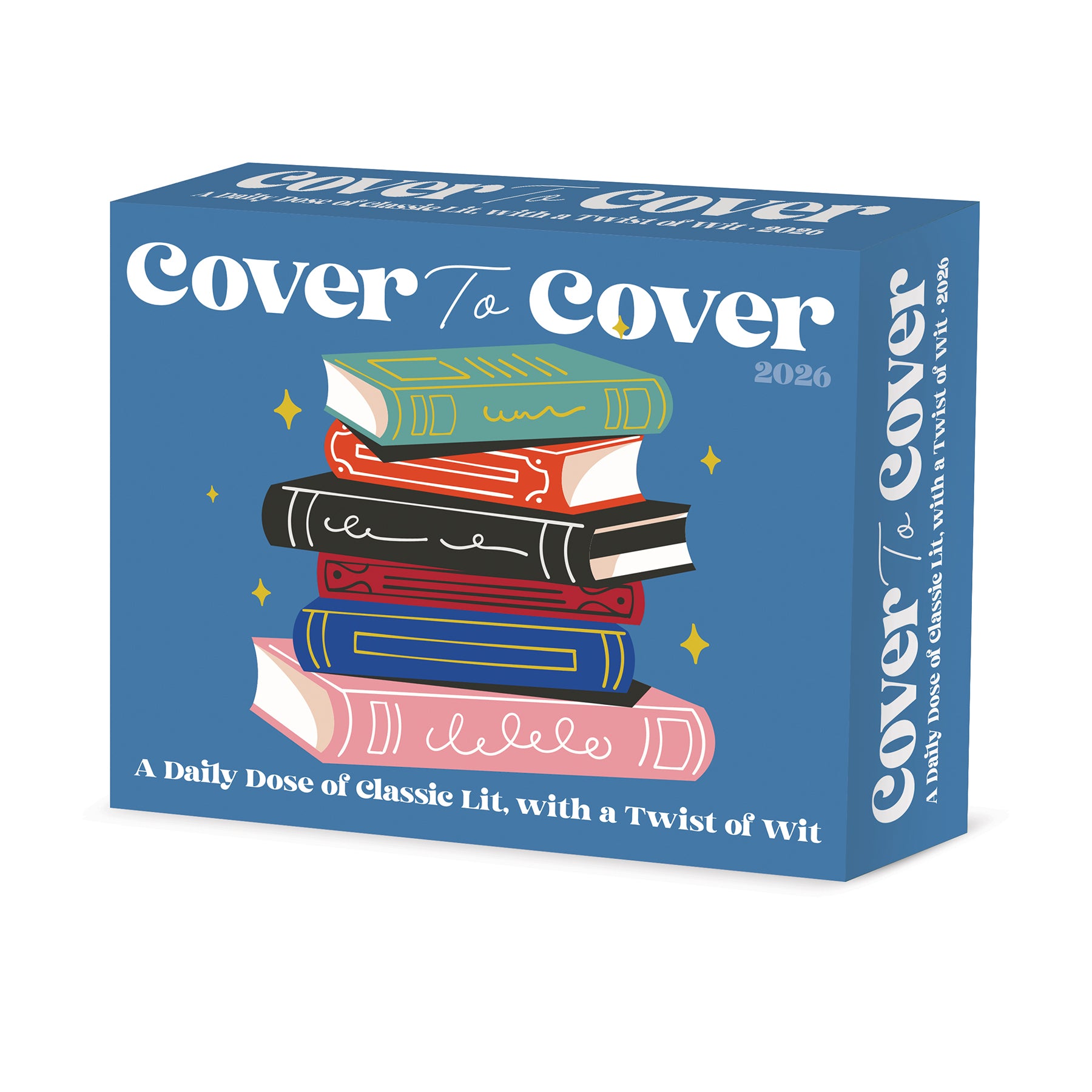 2026 Daily Box Calendar featuring a colorful stack of classic literature books with witty quotes.