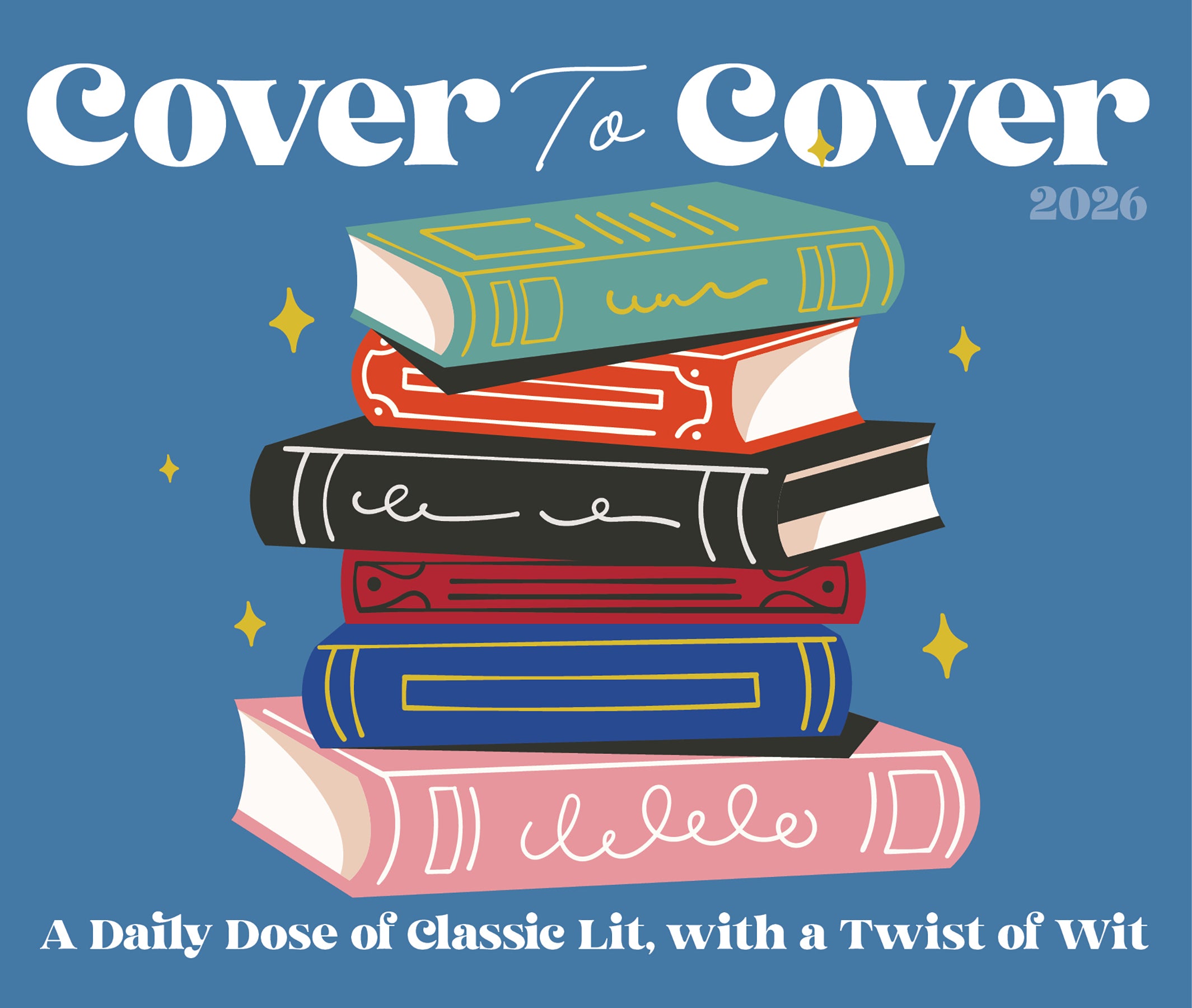 2026 Daily Box Calendar featuring stacked colorful books on a blue background with classic literature quotes.