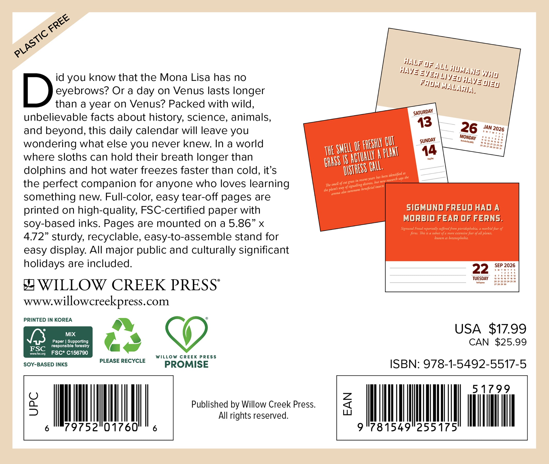 2026 Daily Box Calendar back cover showing fascinating facts and details, perfect for knowledge lovers.