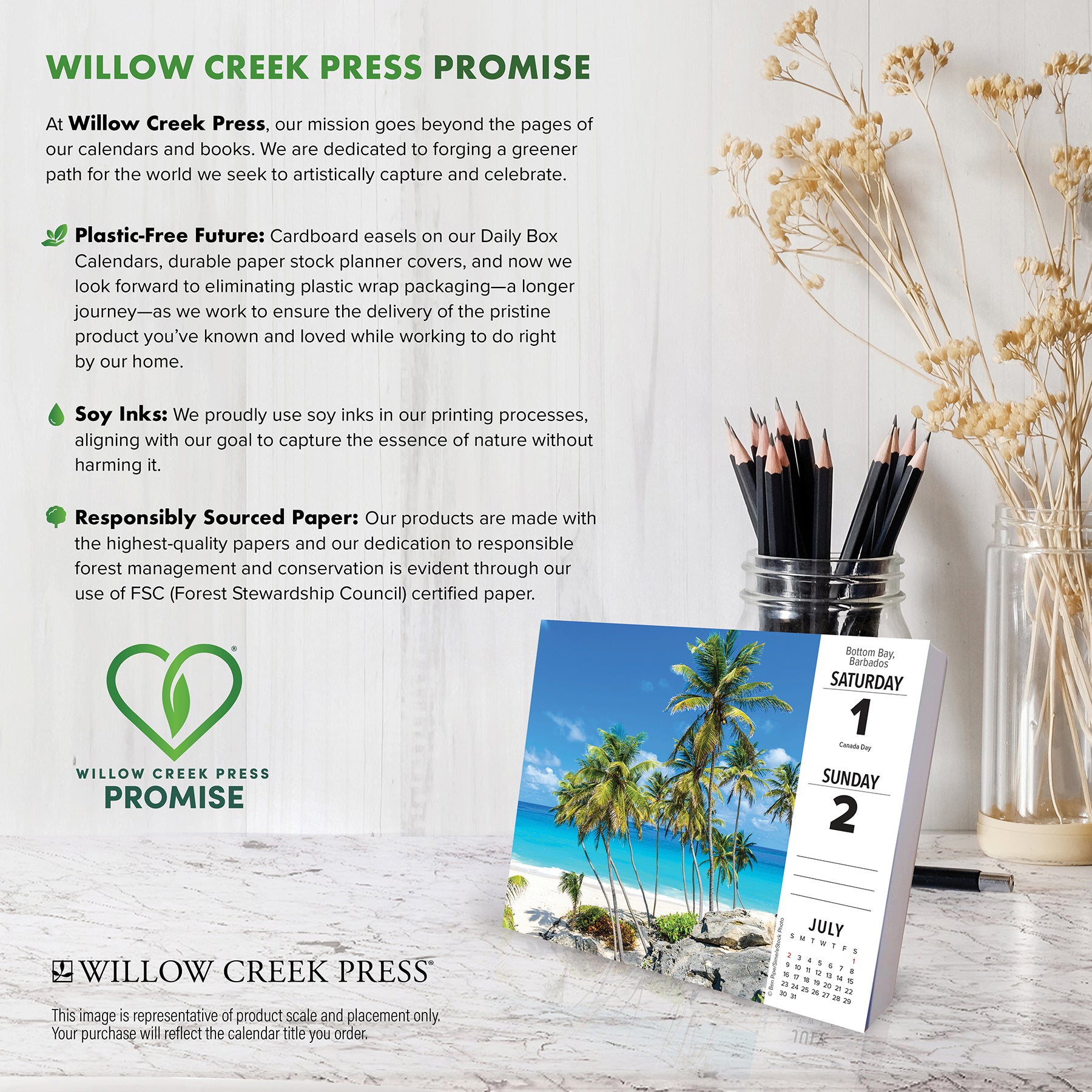 2026 Daily Box Calendar showcasing a tropical scene with sandy beach and palm trees, emphasizing eco-friendly printing practices.