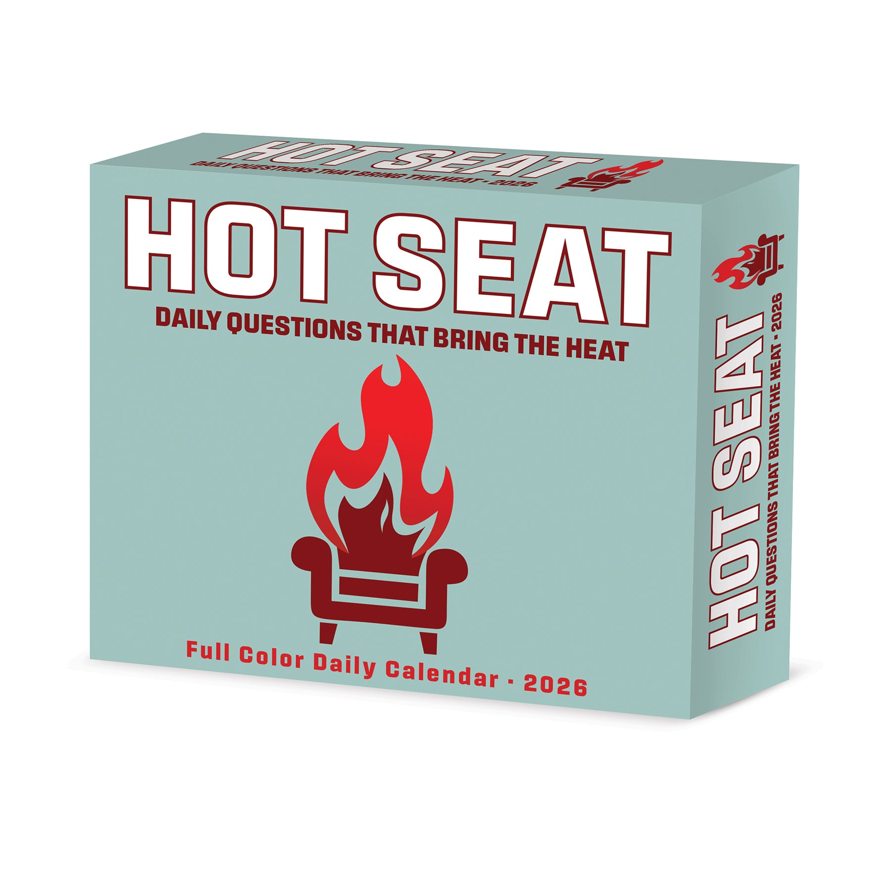 Hot Seat 2026 Daily Box Calendar featuring daily questions that bring the heat in a colorful design.