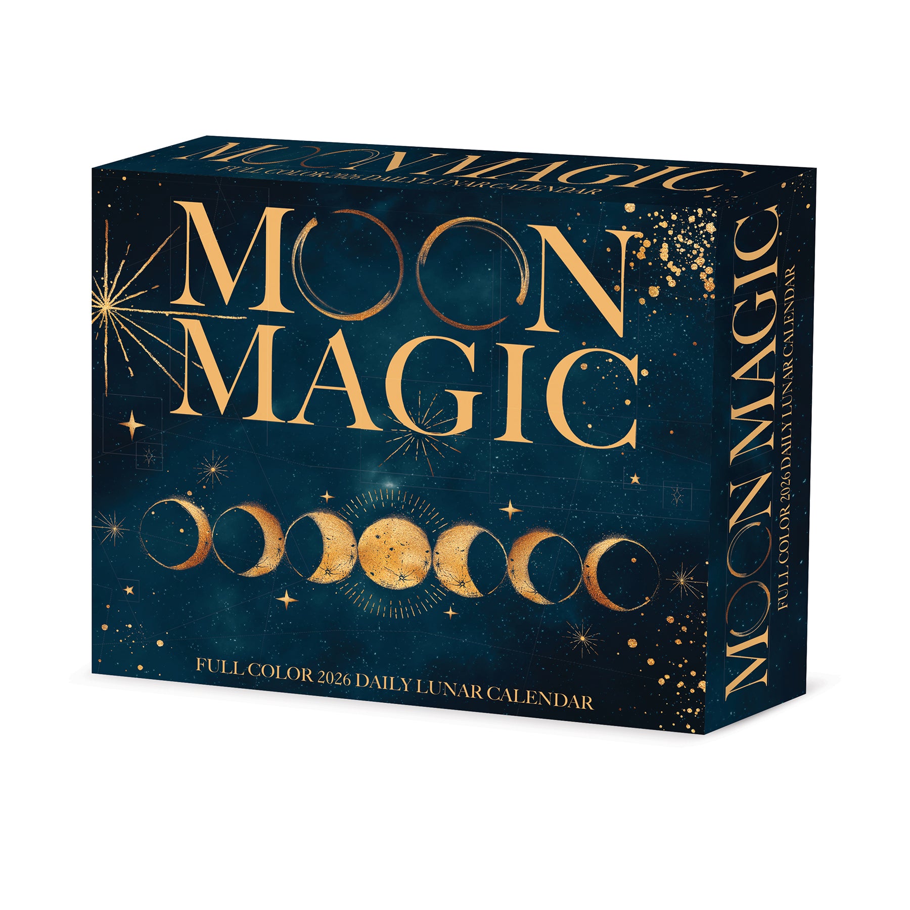 Moon Magic 2026 Daily Box Calendar featuring lunar phases and celestial illustrations in a stunning design.