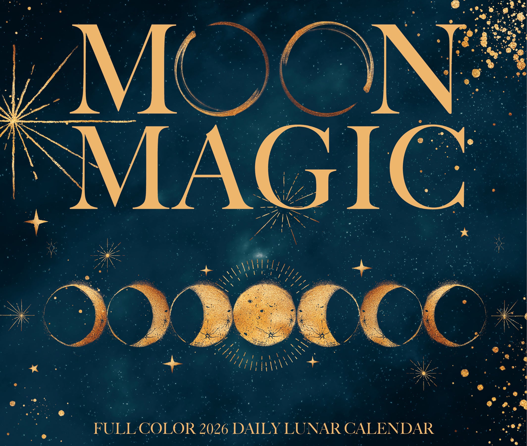 Moon Magic 2026 Daily Box Calendar featuring lunar phases and celestial design against a starry night background.