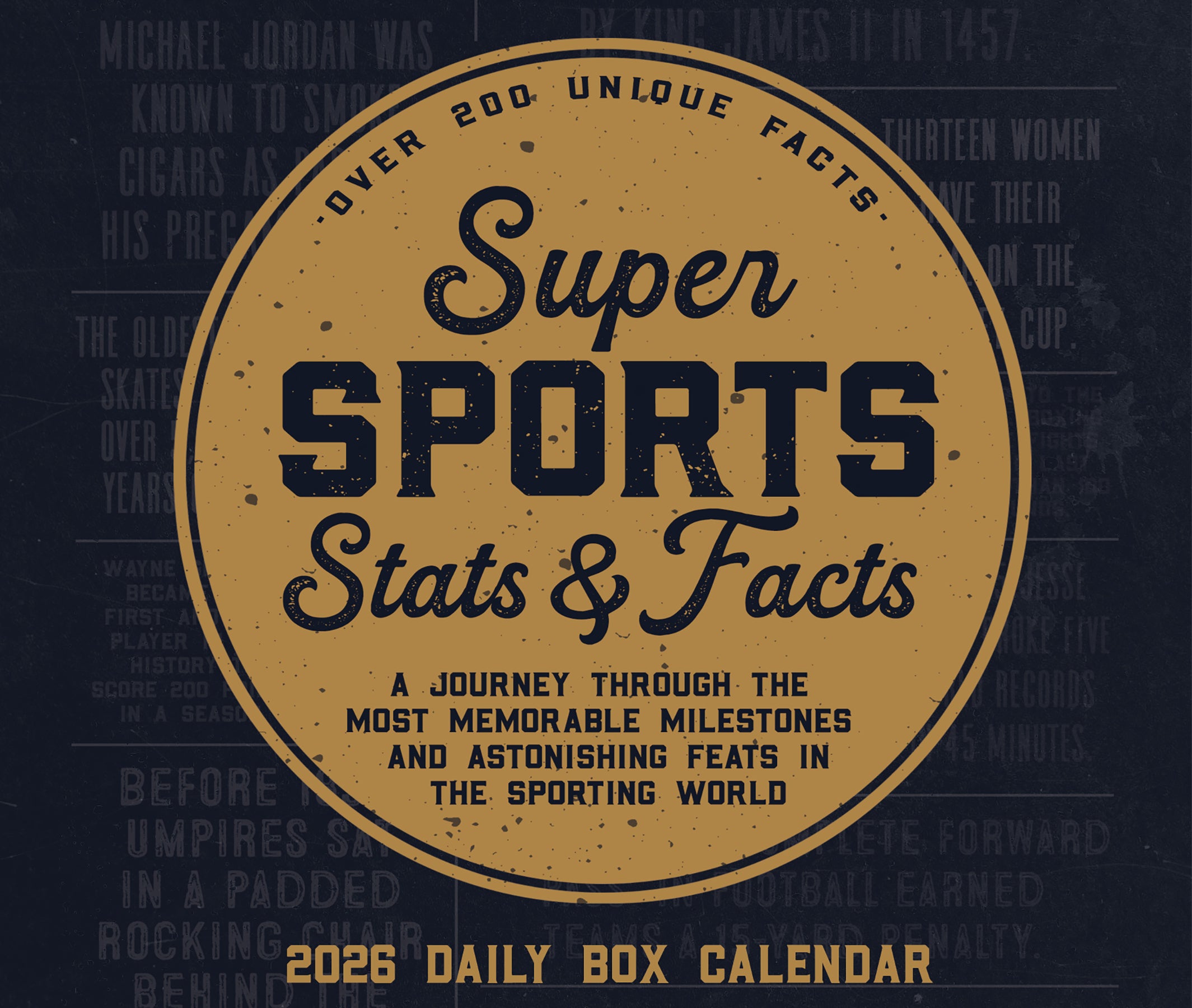 Super Sports Stats & Facts design featuring 2026 Daily Box Calendar with memorable sports milestones and unique facts.