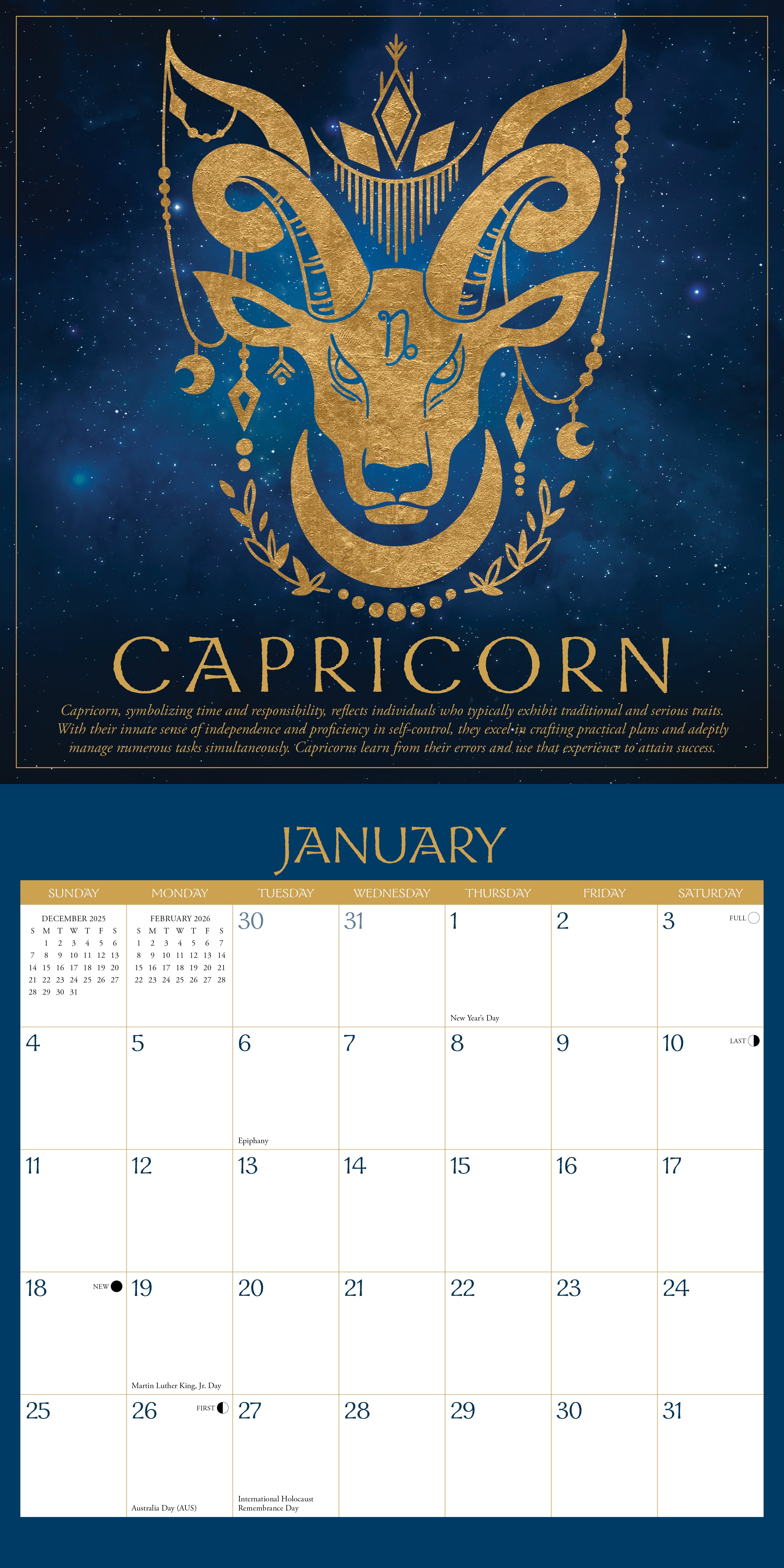 Astrology 12" x 12" 2026 Wall Calendar featuring Capricorn illustration and January layout.