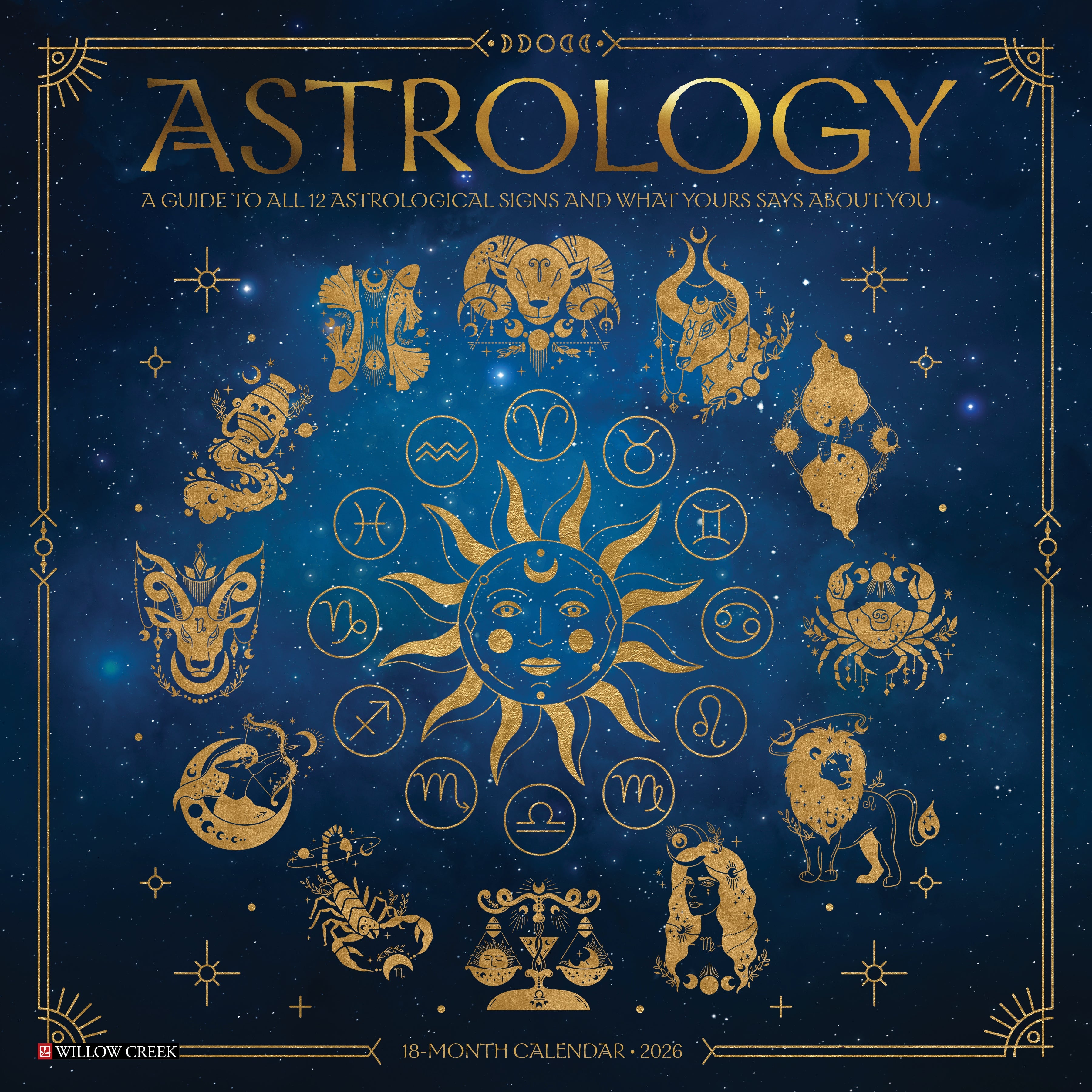 Astrology 12" x 12" 2026 Wall Calendar featuring zodiac signs and celestial designs on a cosmic background.