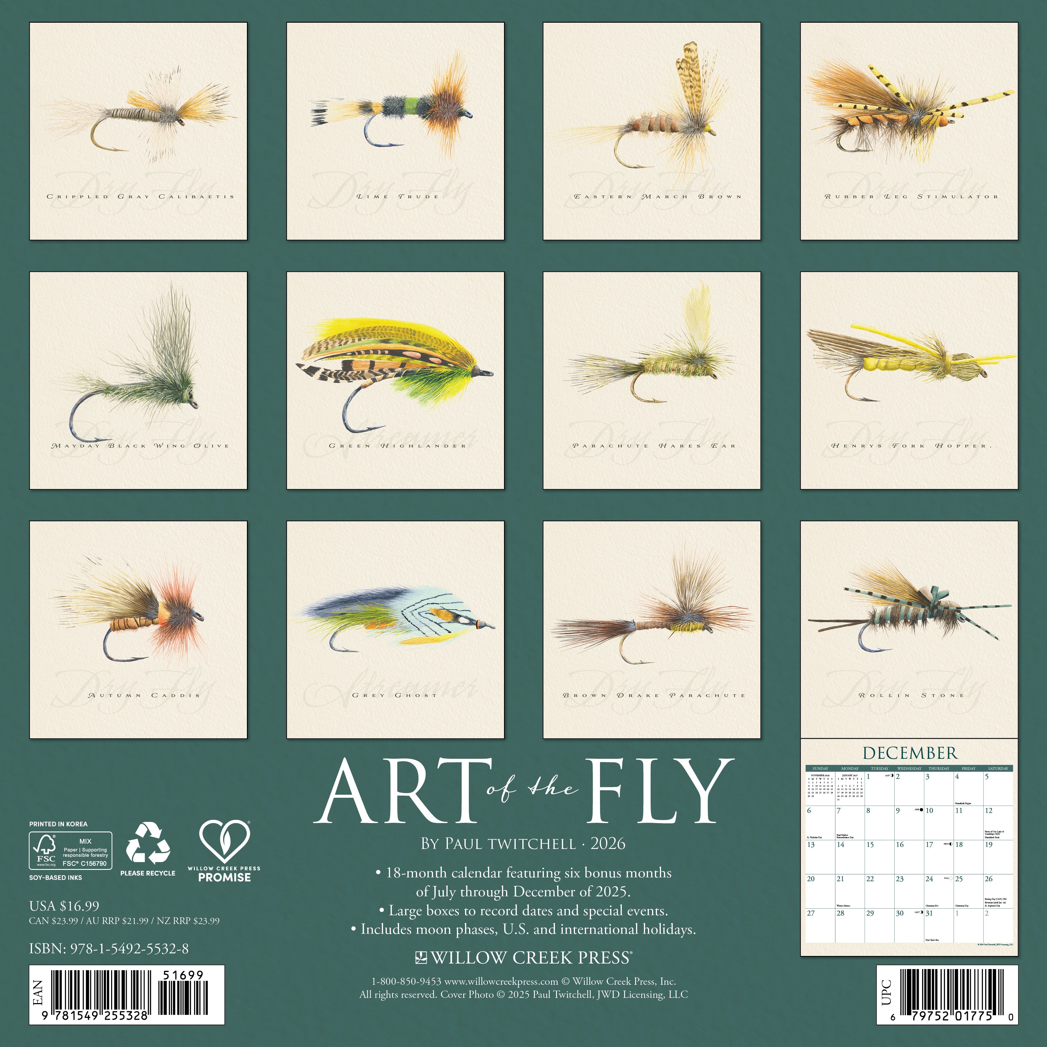 Fishing-themed 2026 Wall Calendar – Art of the Fly edition with colorful flies and rivers