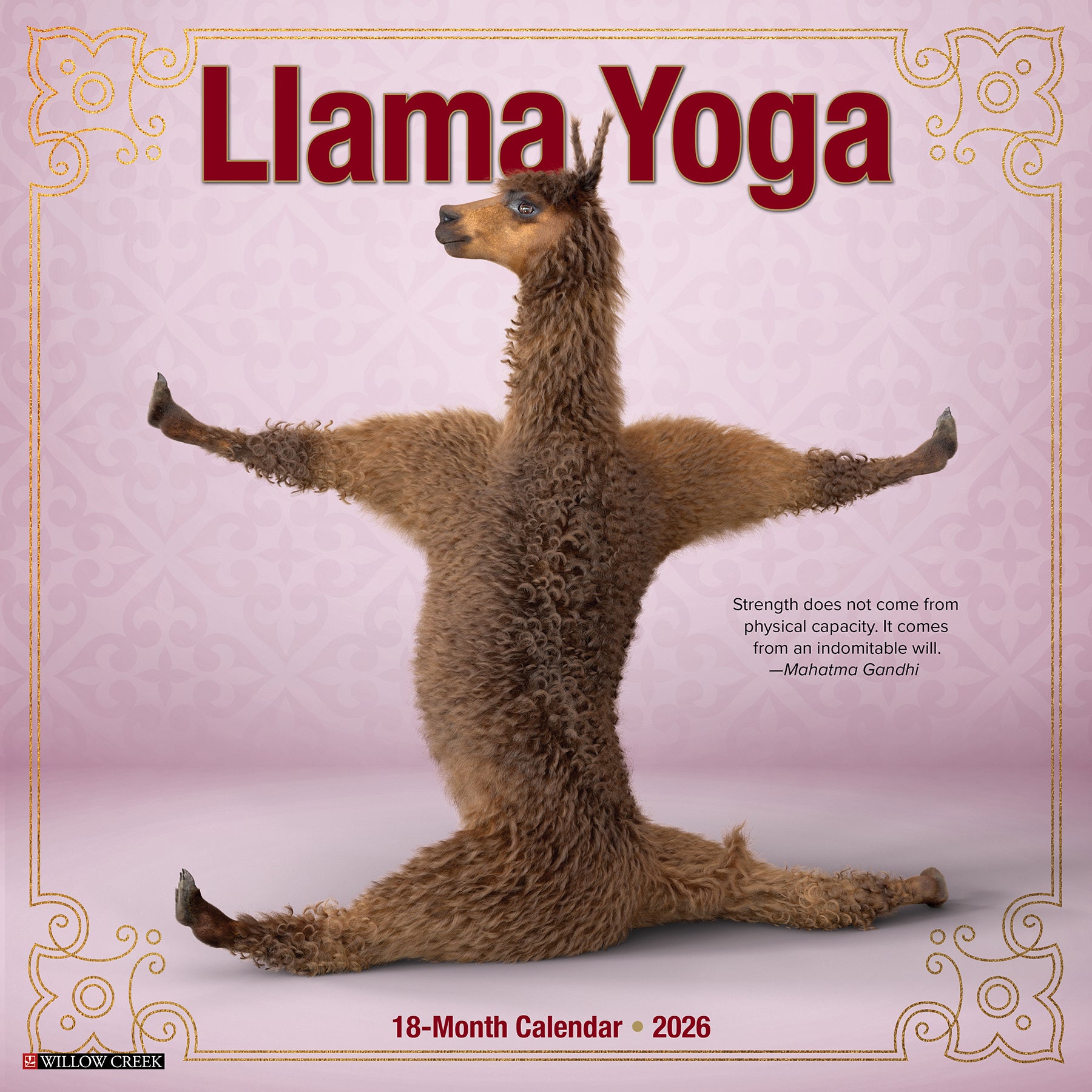 Llama Yoga 2026 wall calendar, 12x12 inches with whimsical yoga-themed llama photos