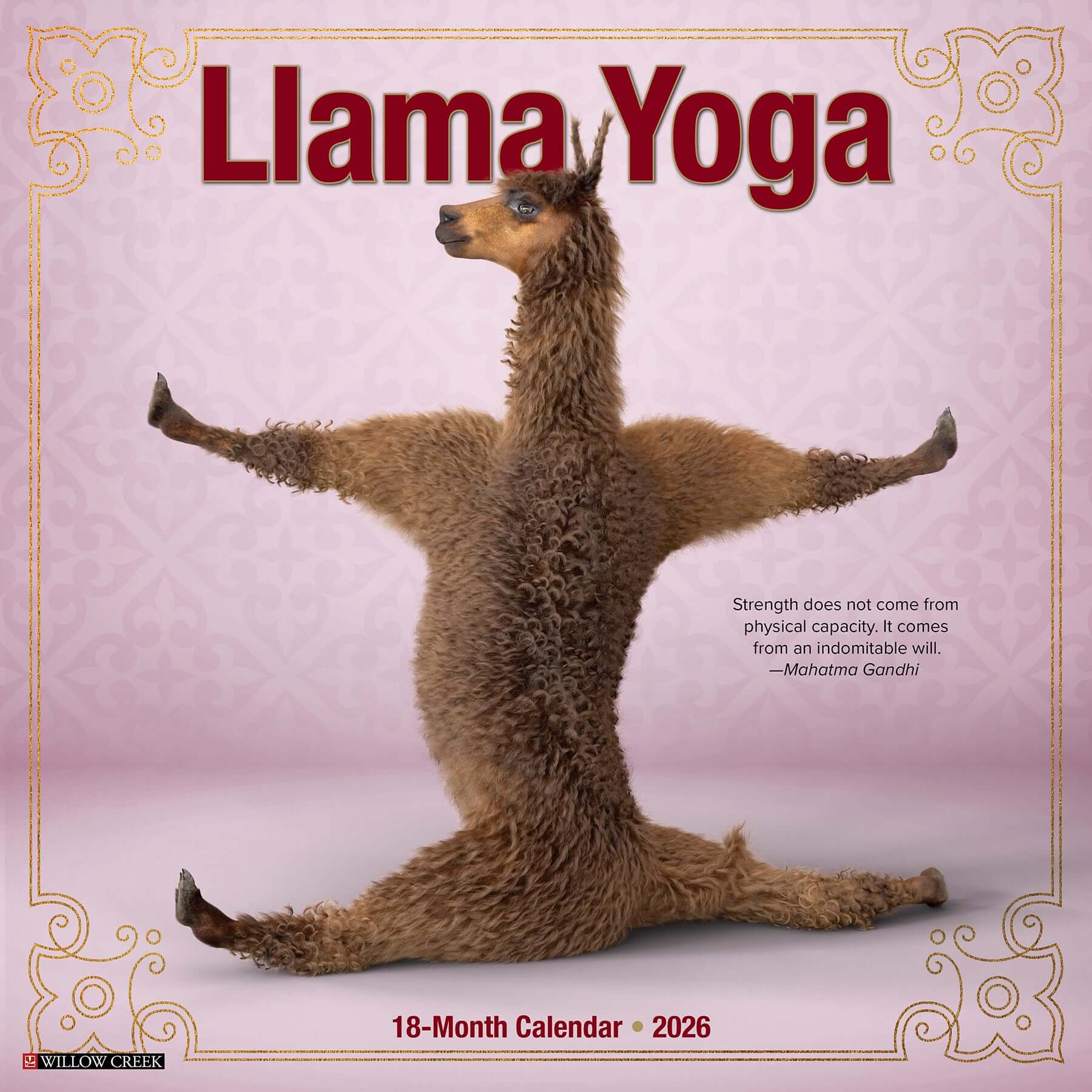 Llama Yoga 2026 wall calendar, 12x12 inches with whimsical yoga-themed llama photos