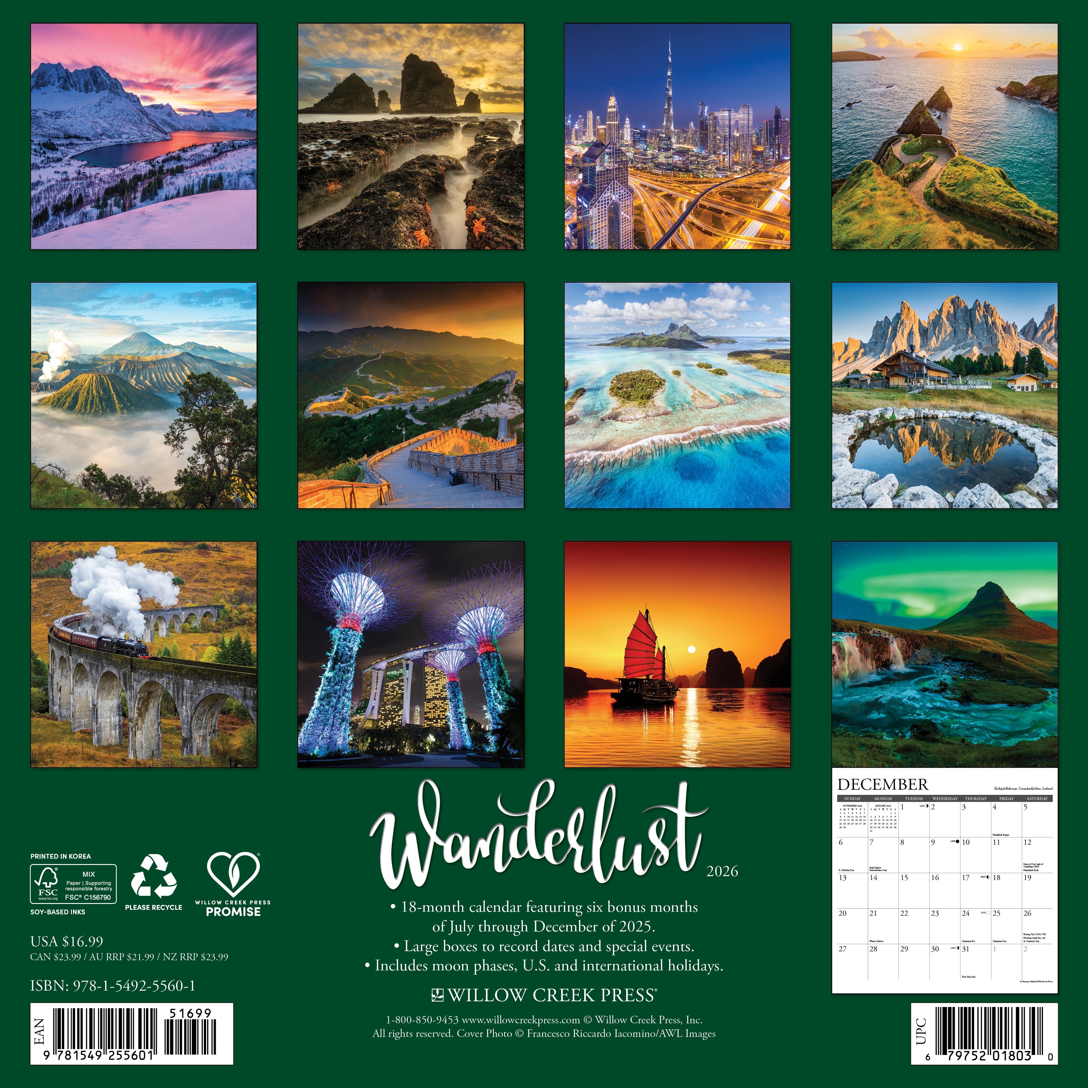 Travel lovers’ 2026 Wall Calendar – Wanderlust edition with scenic landscapes and cultural highlights