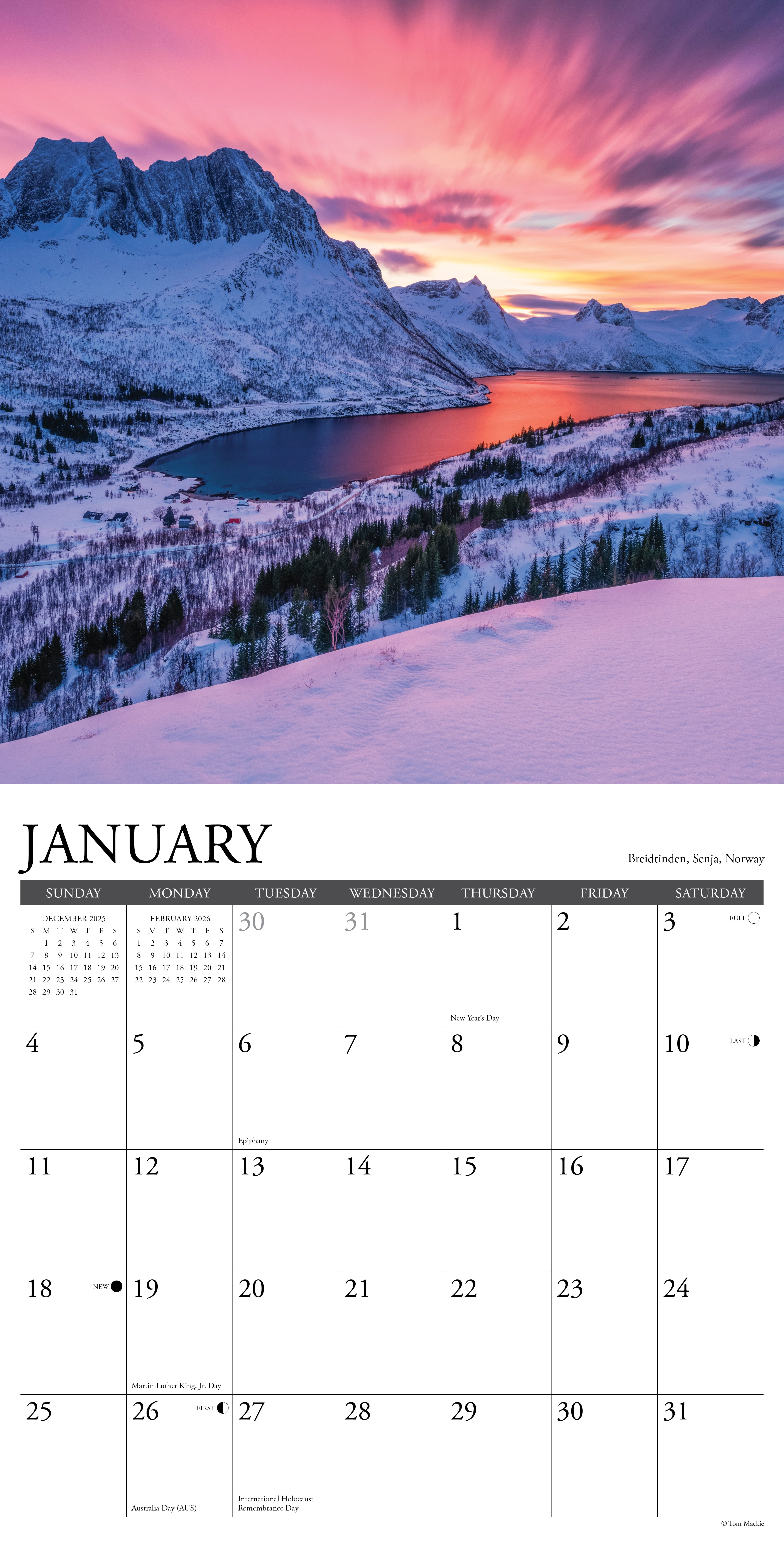 2026 Wall Calendar with large monthly date boxes, decorative images, and holidays, perfect for office or home organization and yearly planning