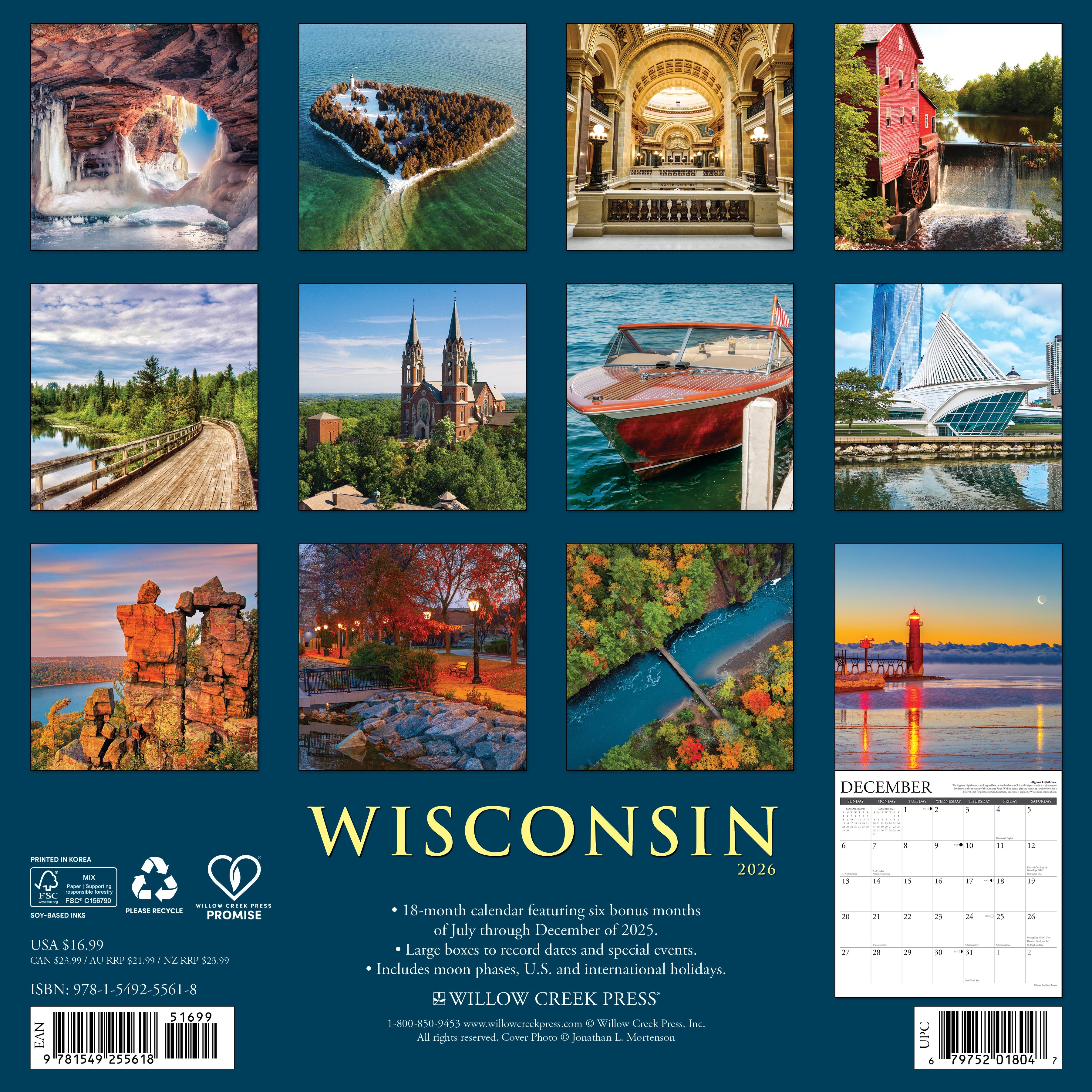 Wisconsin 2026 wall calendar, 12x12 inches, featuring scenic photography of Wisconsin’s landscapes and monthly planning grids