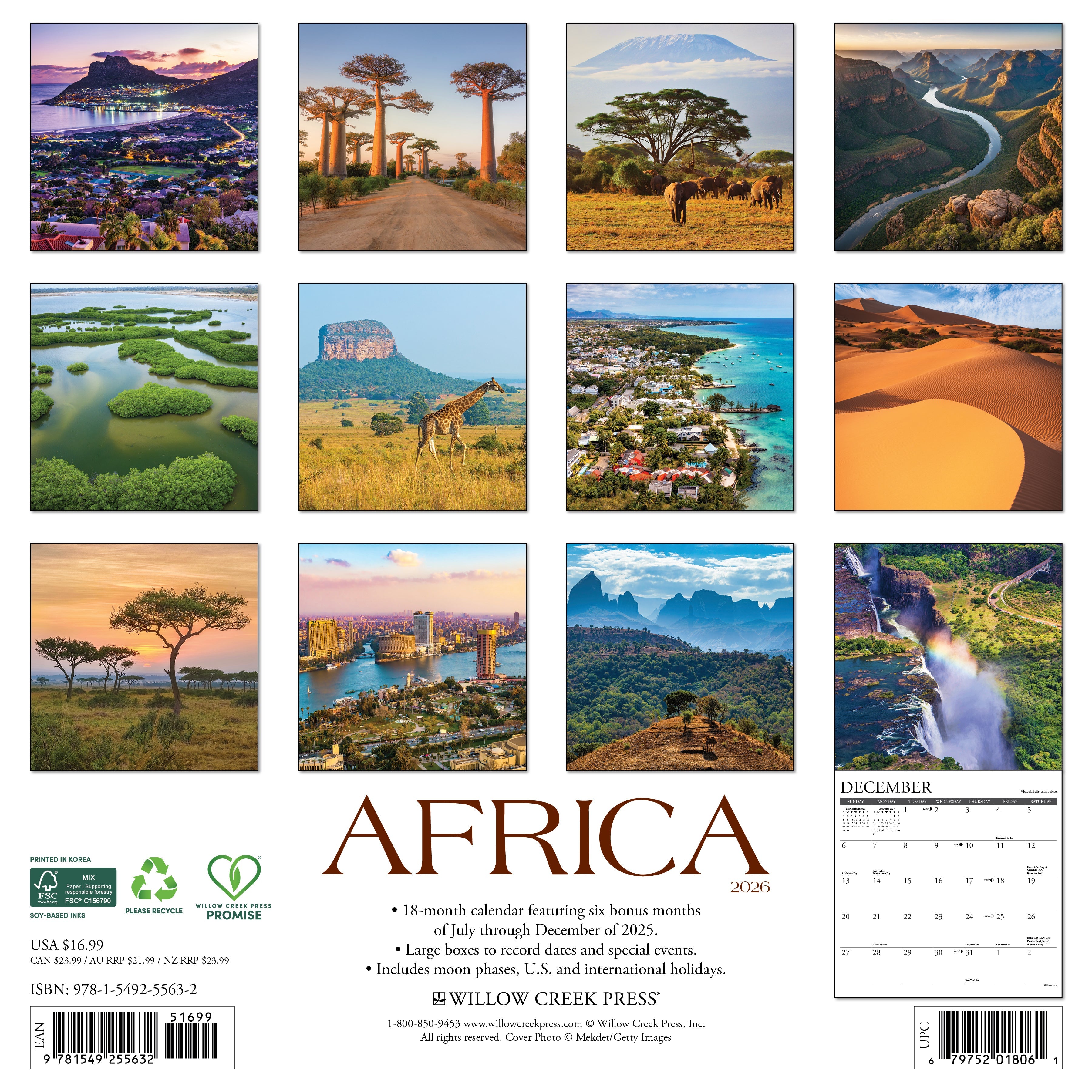 Travel-inspired 2026 Wall Calendar – Africa edition with iconic animals and scenery