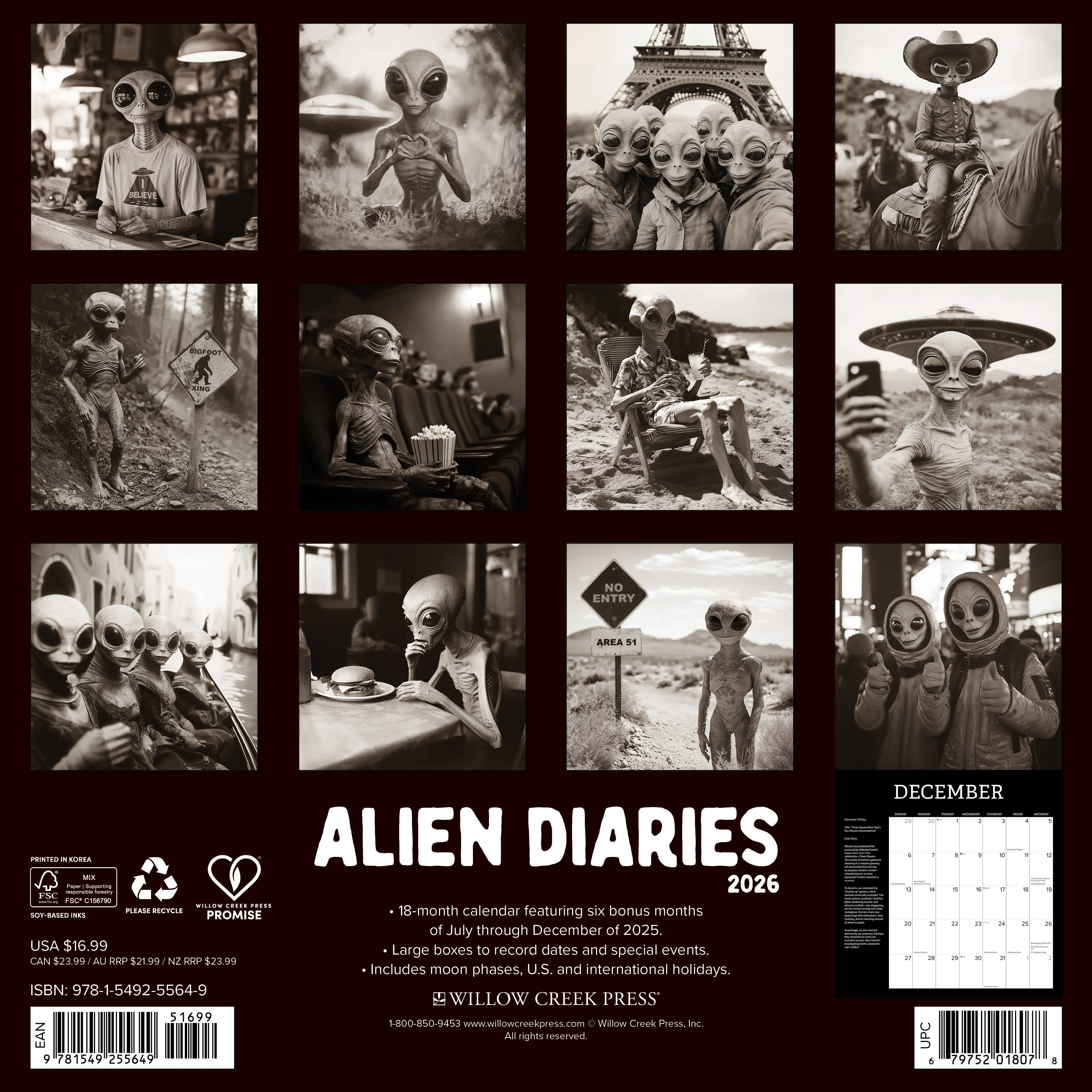 Sci-fi themed 2026 Wall Calendar – Alien Diaries edition with creative alien art