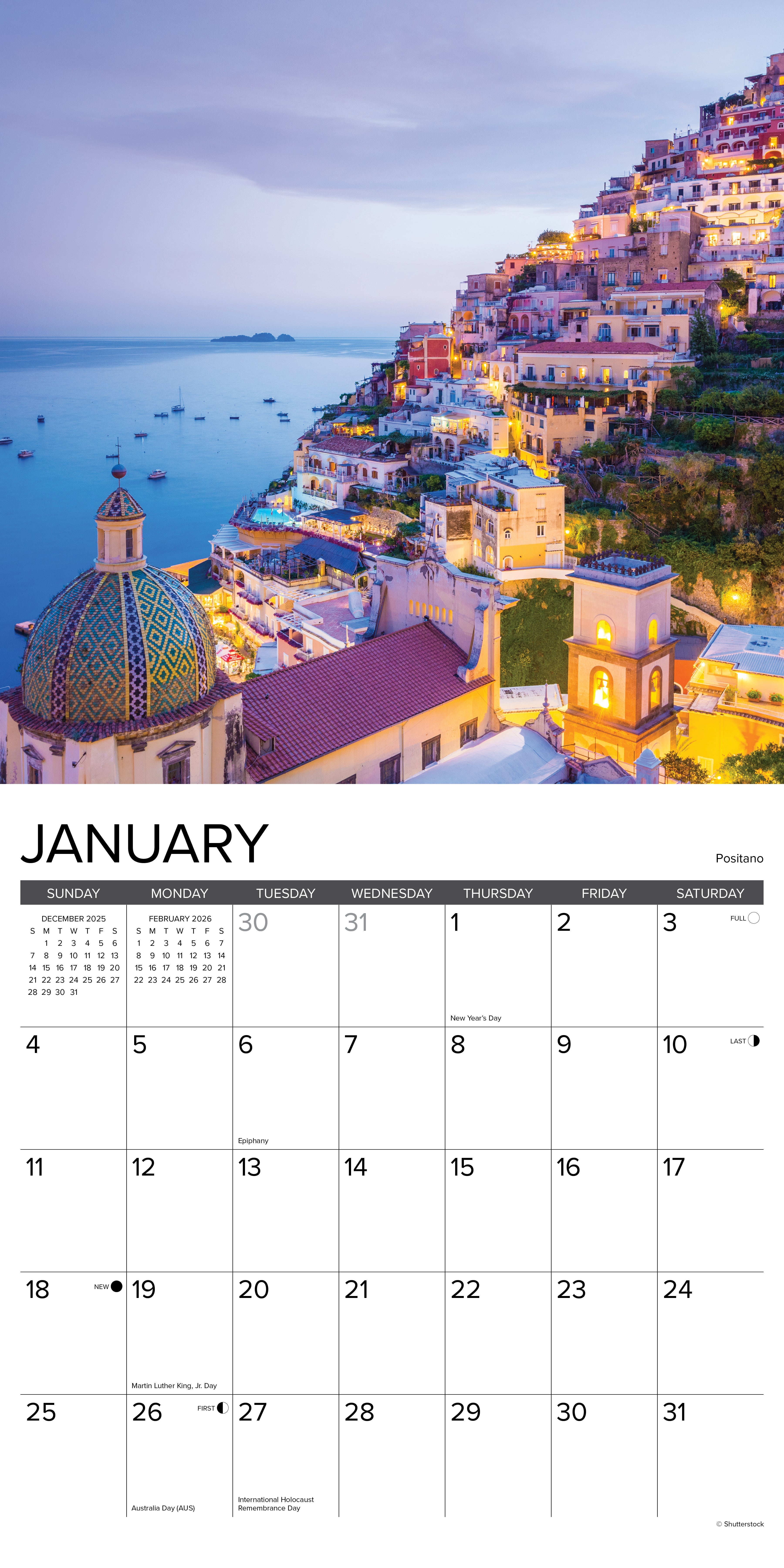 2026 Wall Calendar with large monthly date boxes, decorative images, and holidays, perfect for office or home organization and yearly planning