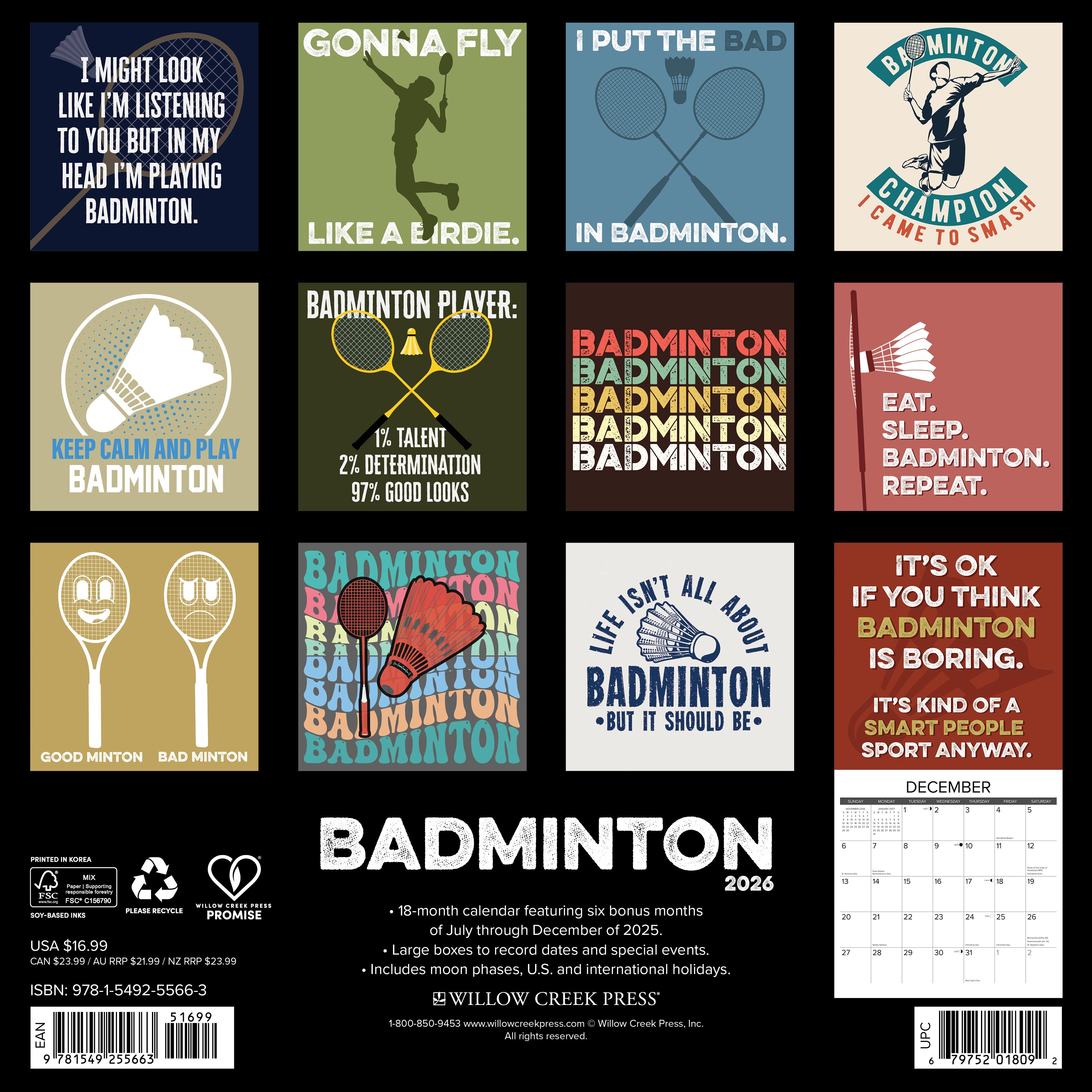 2026 Wall Calendar featuring humorous badminton-themed graphics and motivational quotes for fans and players.