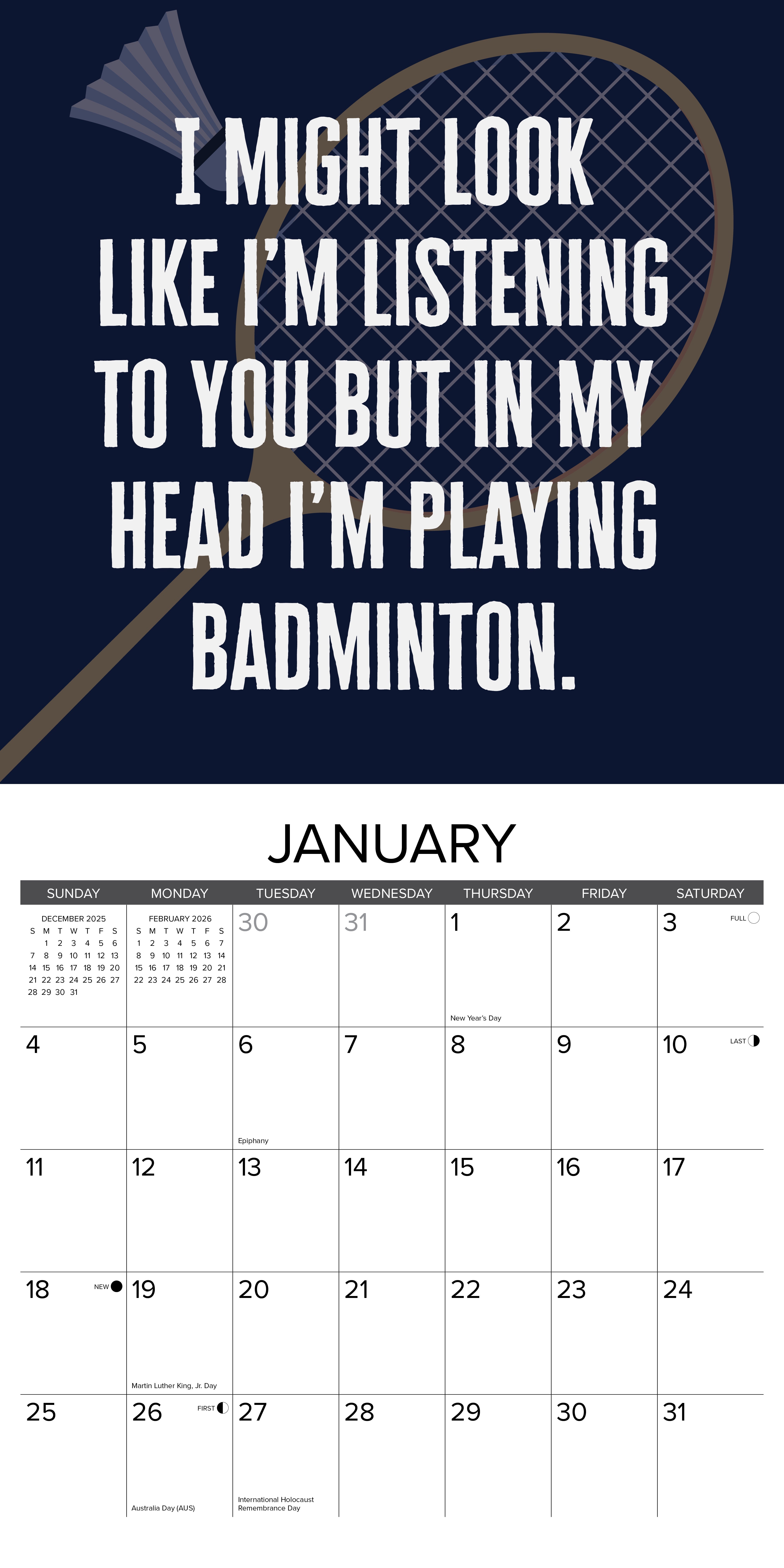 2026 Wall Calendar featuring motivational badminton quote for January.