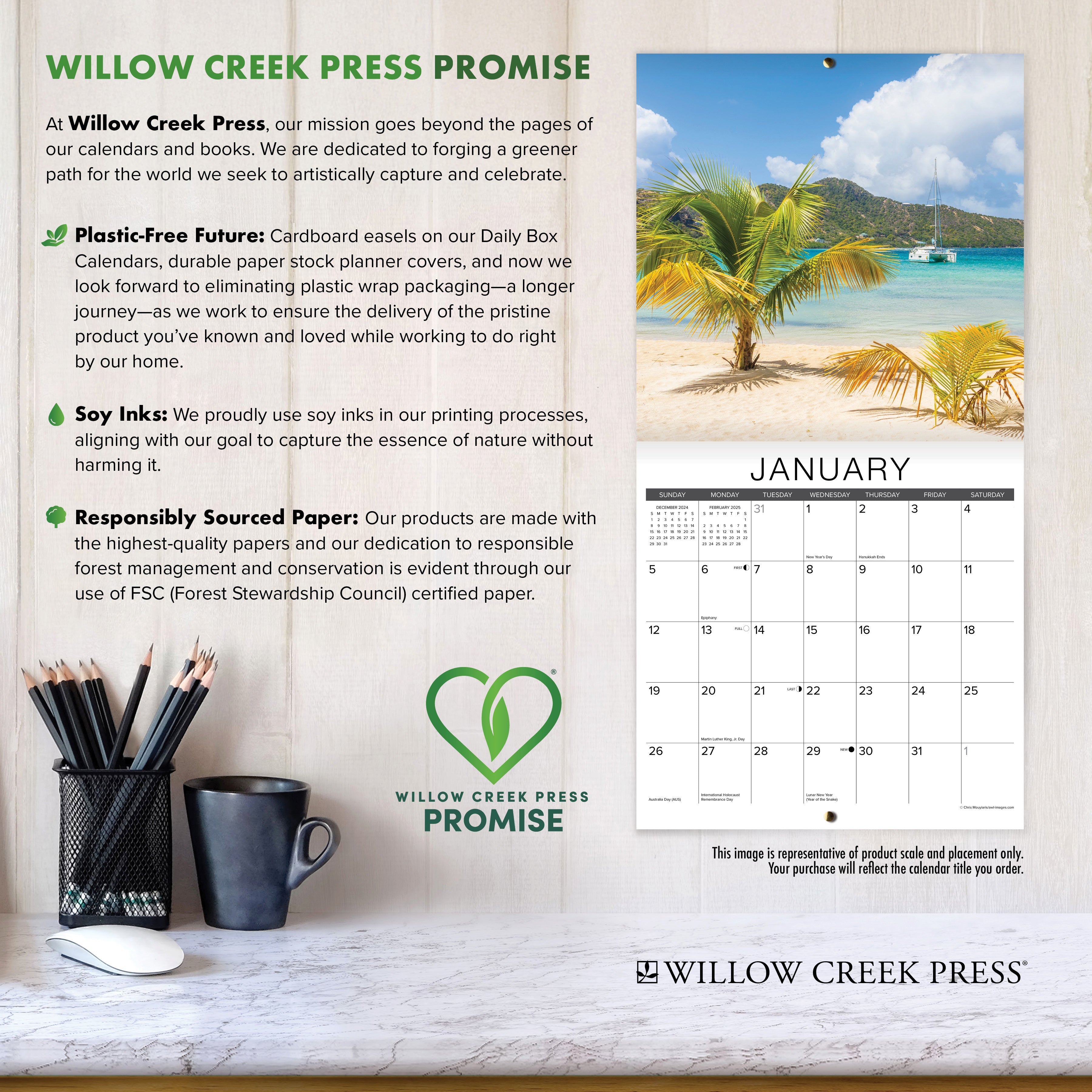 2026 Wall Calendar with large monthly date boxes, decorative images, and holidays, perfect for office or home organization and yearly planning