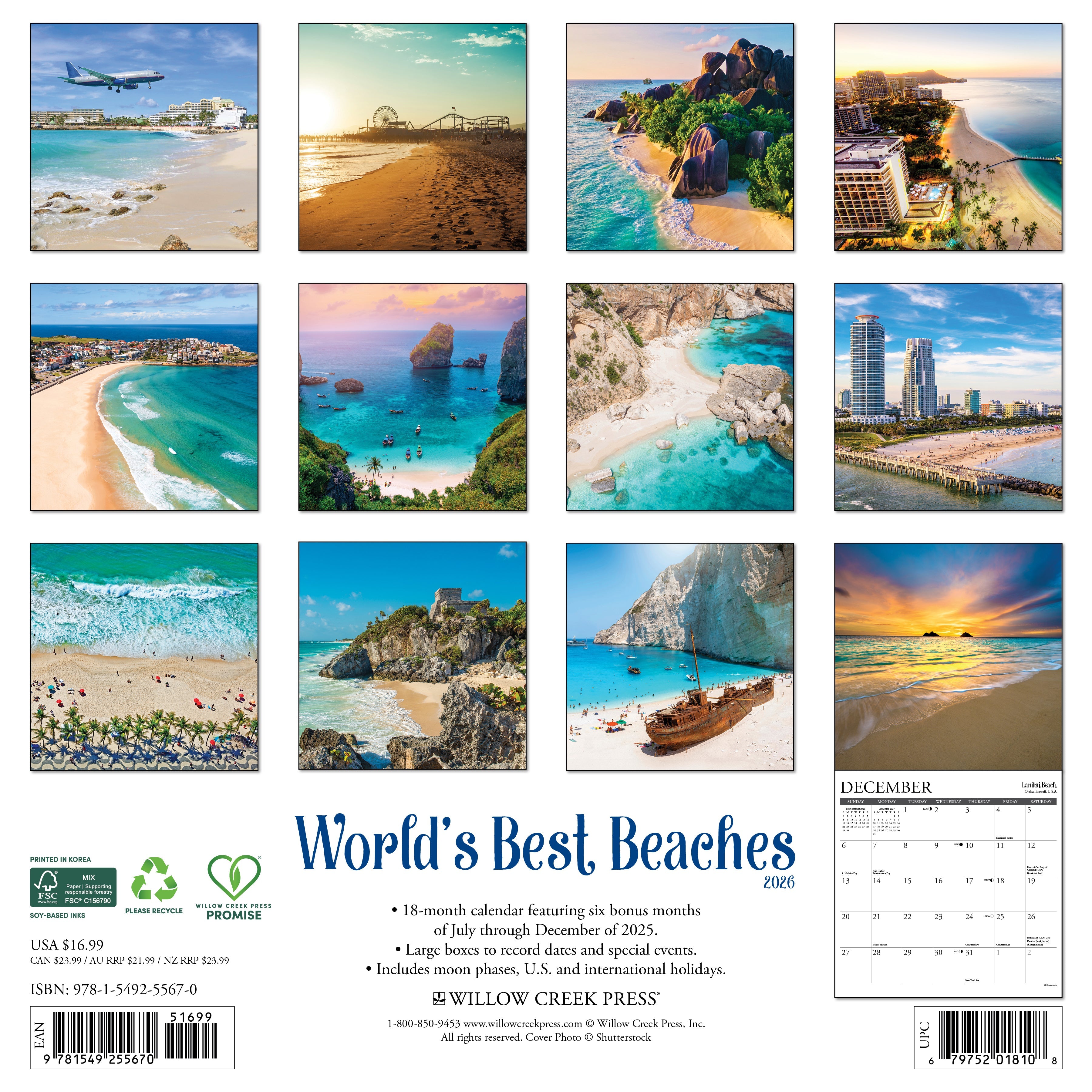 12"x12" 2026 wall calendar showcasing the world’s top beaches with large monthly grids for notes and appointments