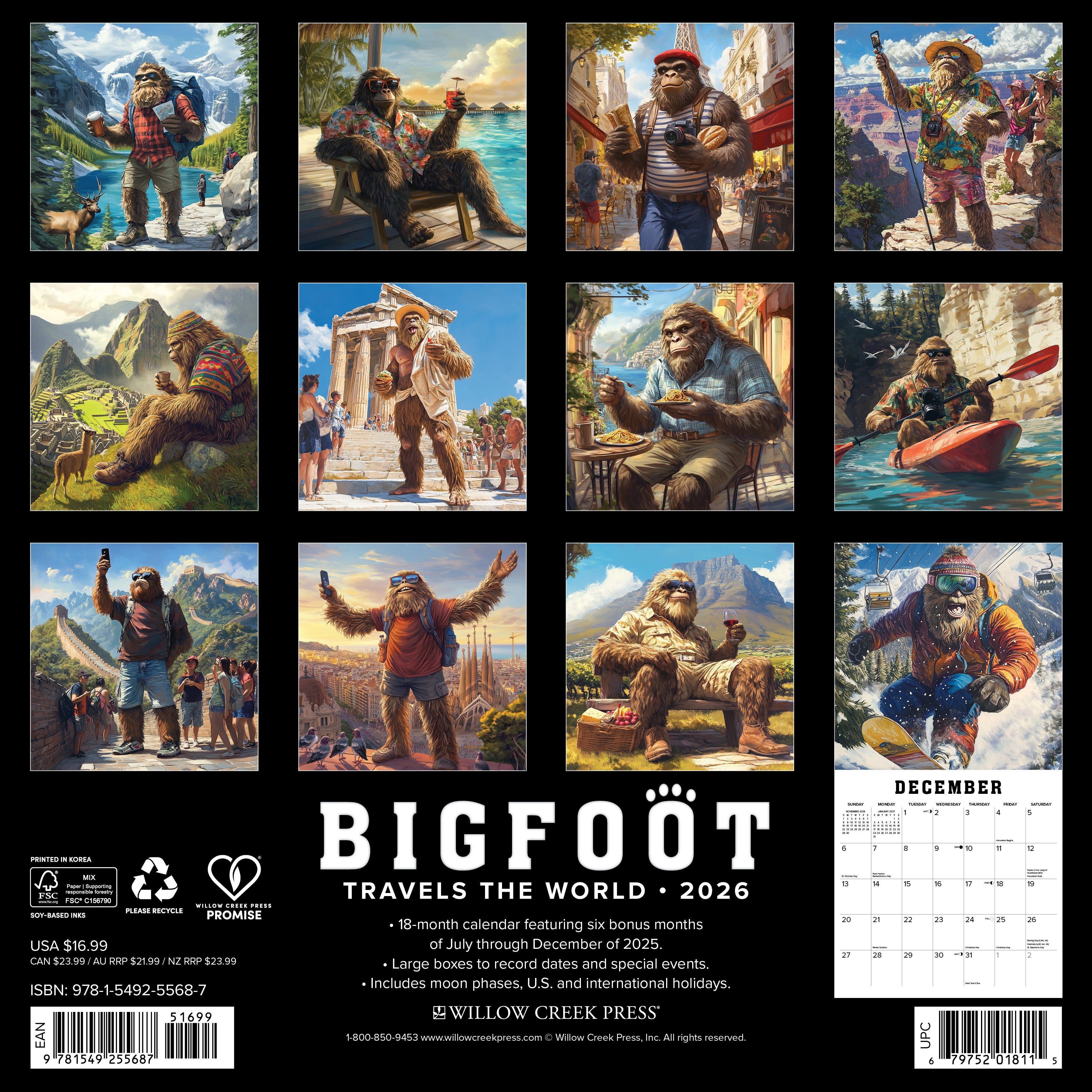 Bigfoot Travels the World 2026 Wall Calendar images showcasing fun and adventurous scenes for each month.