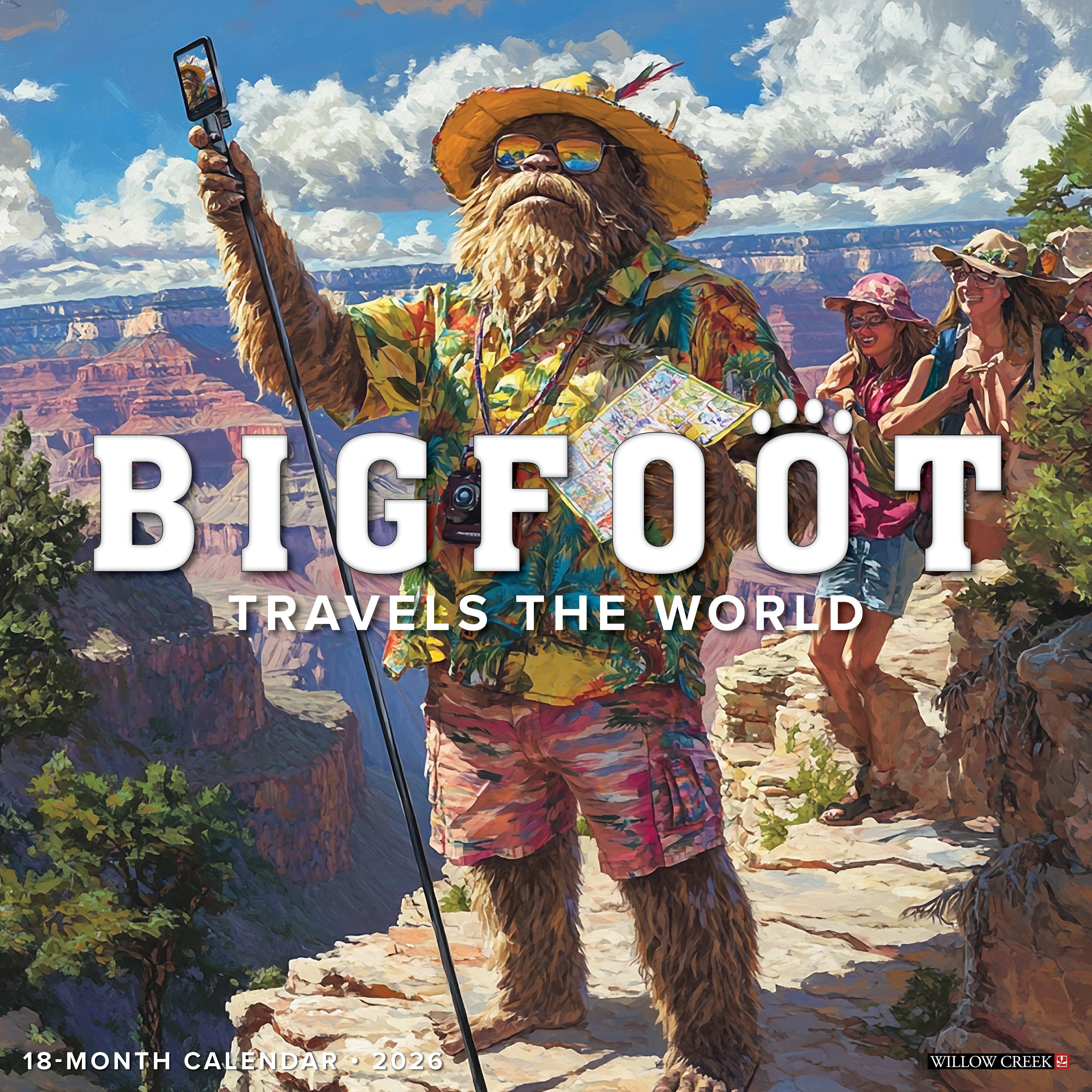 Bigfoot Travels the World 2026 Wall Calendar cover featuring Bigfoot sightseeing and tourists in a scenic landscape.