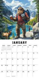 Bigfoot with coffee on a mountain trail in January 2026 Wall Calendar, featuring scenic views and wildlife.