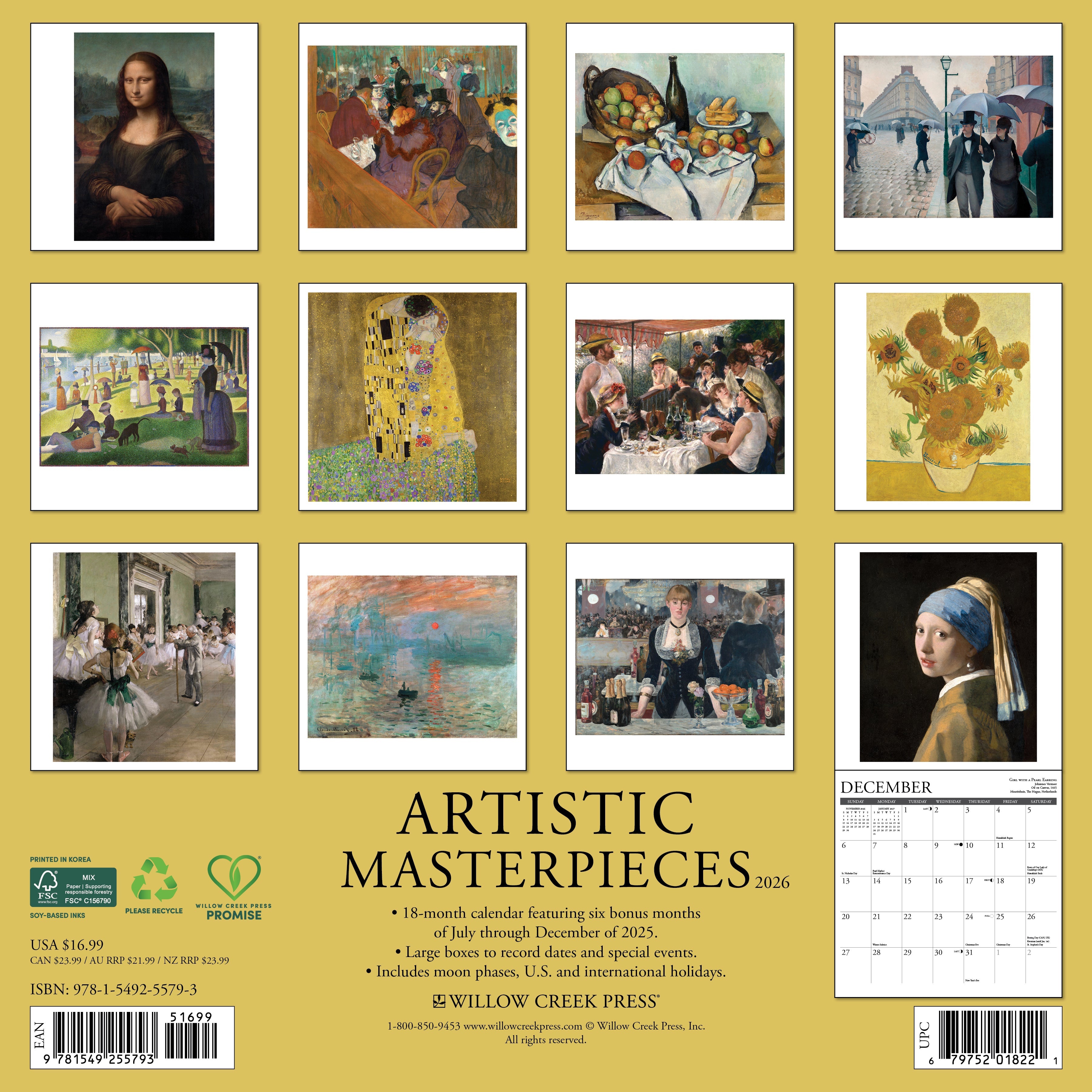 Fine art-themed 2026 Wall Calendar – Artistic Masterpieces edition with vibrant paintings