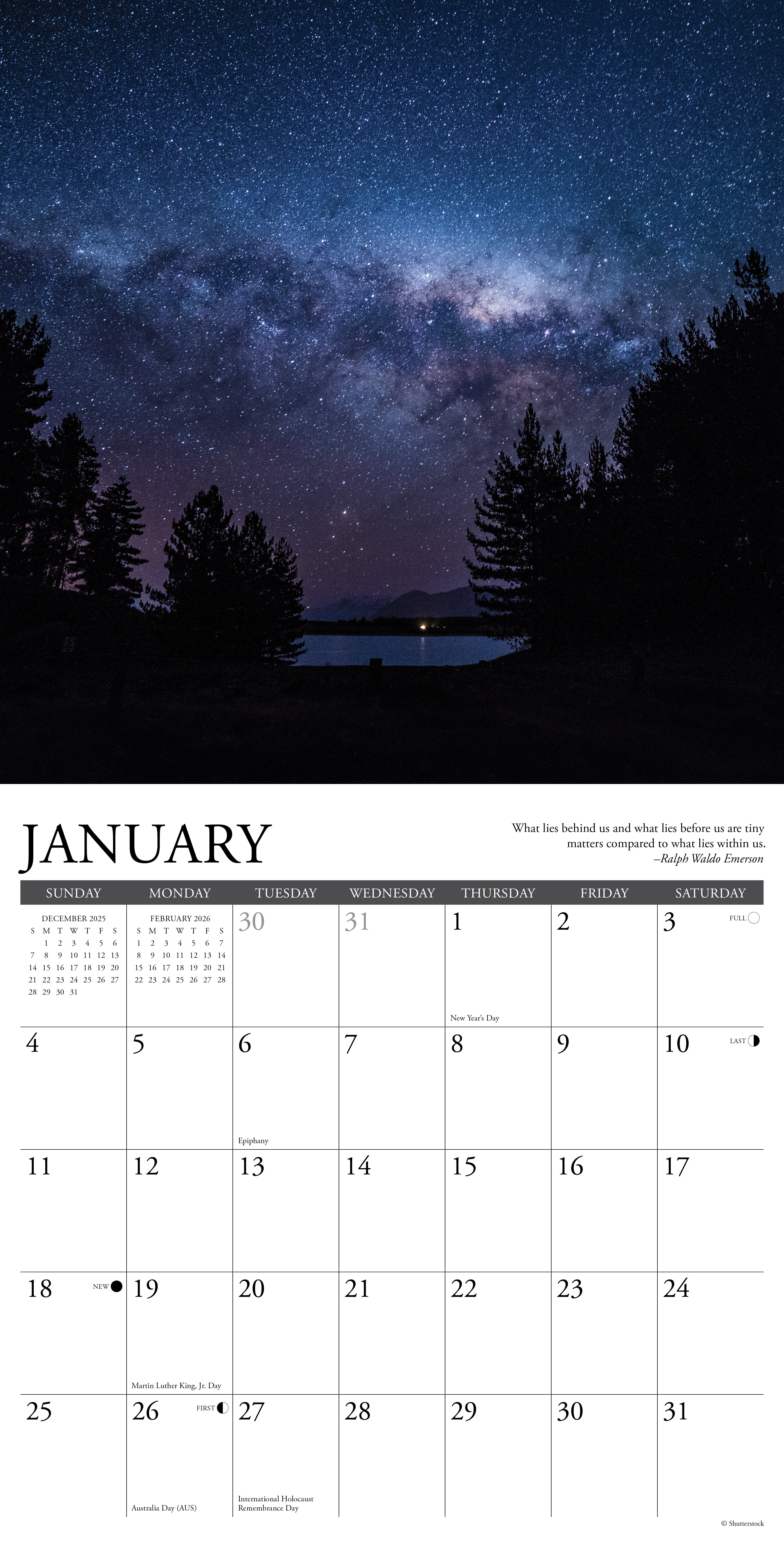 2026 Wall Calendar with large monthly date boxes, decorative images, and holidays, perfect for office or home organization and yearly planning