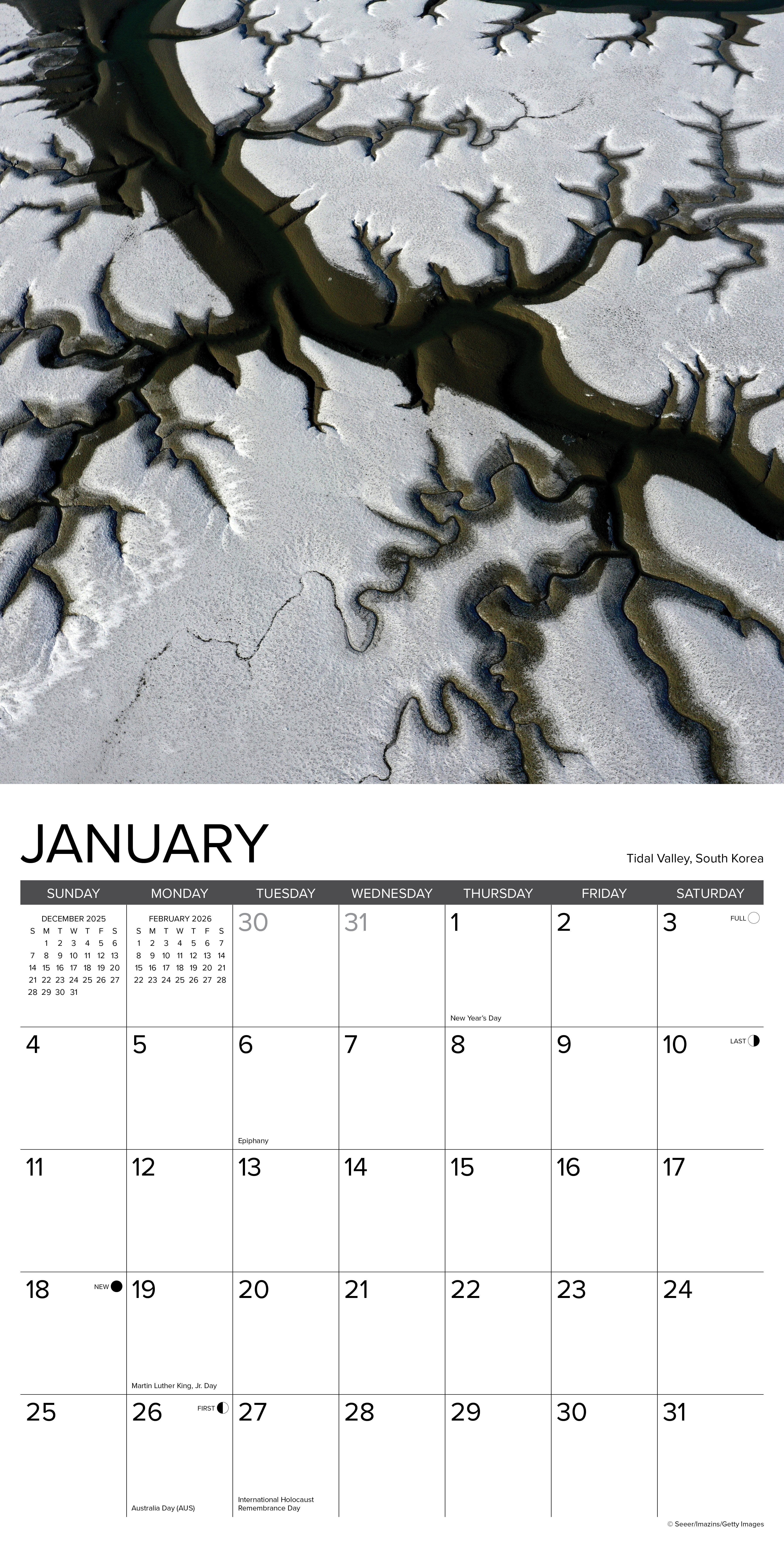 2026 Wall Calendar with large monthly date boxes, decorative images, and holidays, perfect for office or home organization and yearly planning
