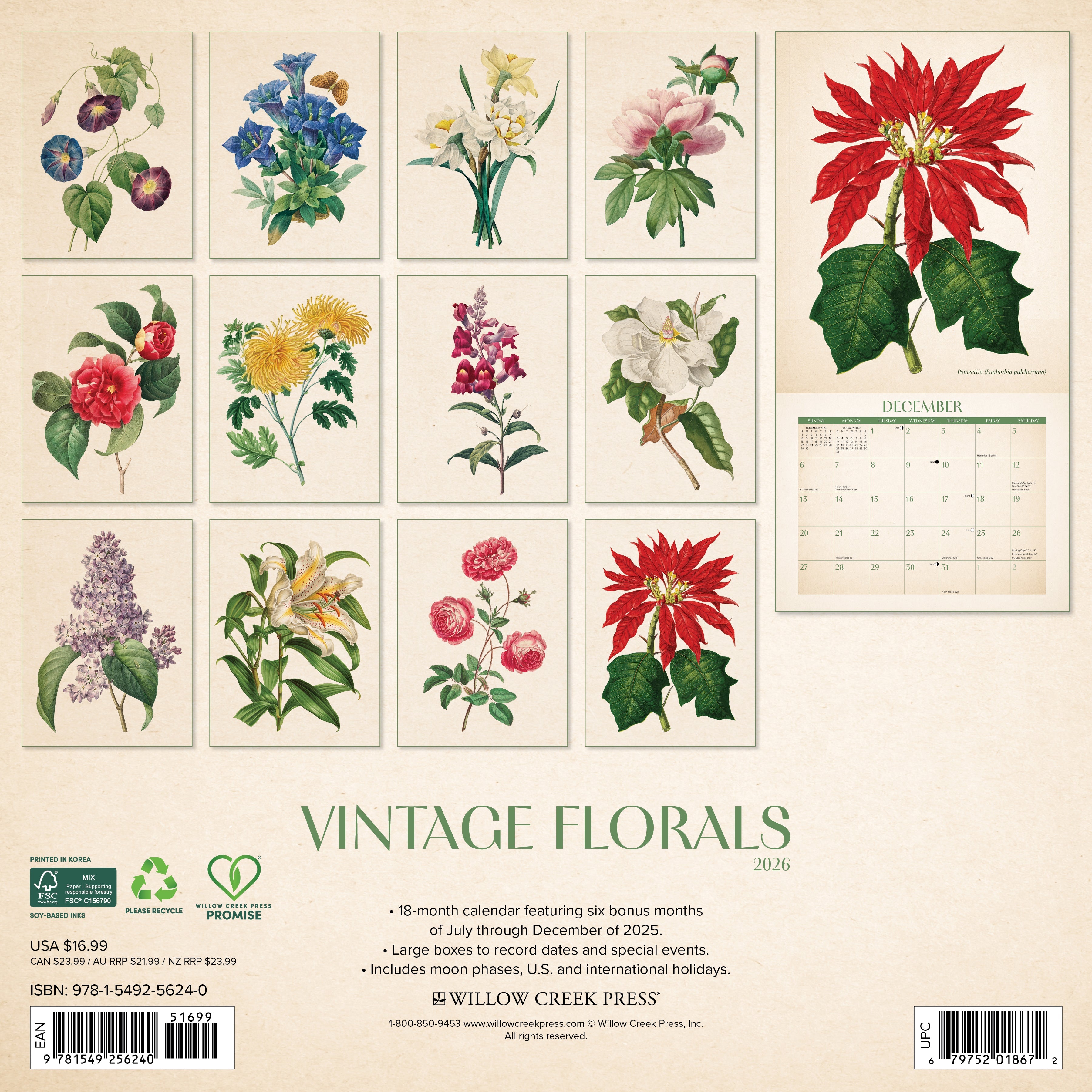 Flower lovers’ 2026 Wall Calendar – Vintage Florals edition with timeless botanical prints