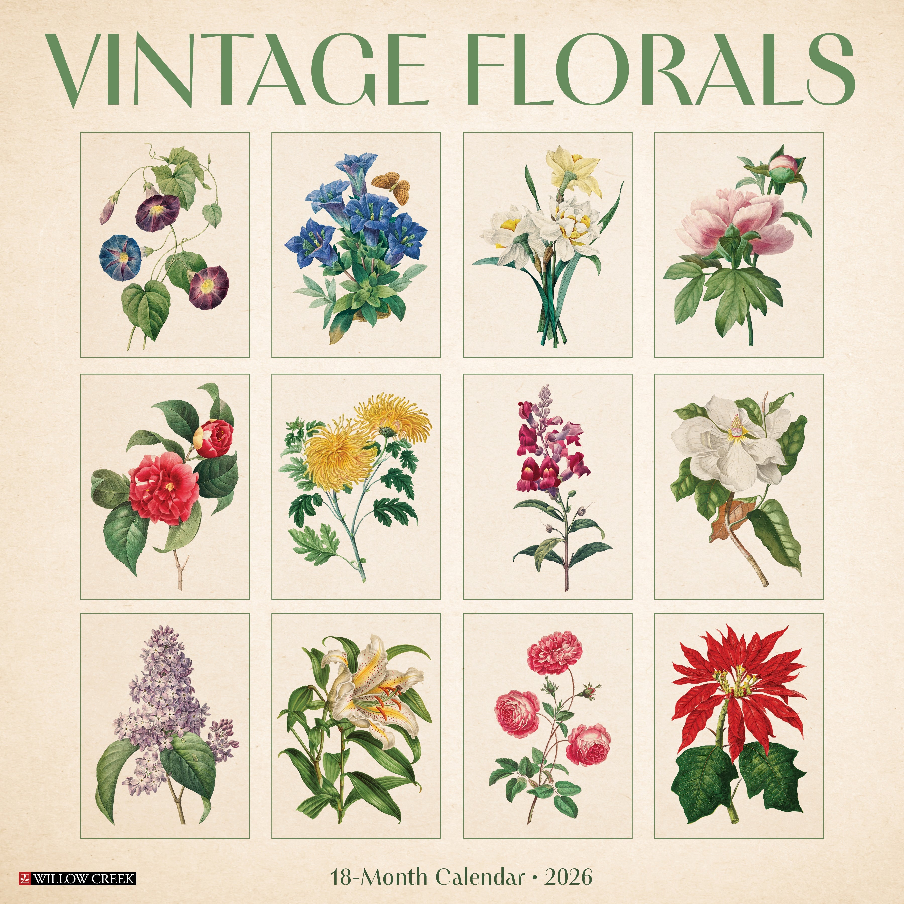 Vintage Florals 2026 Wall Calendar featuring elegant floral artwork in classic styles