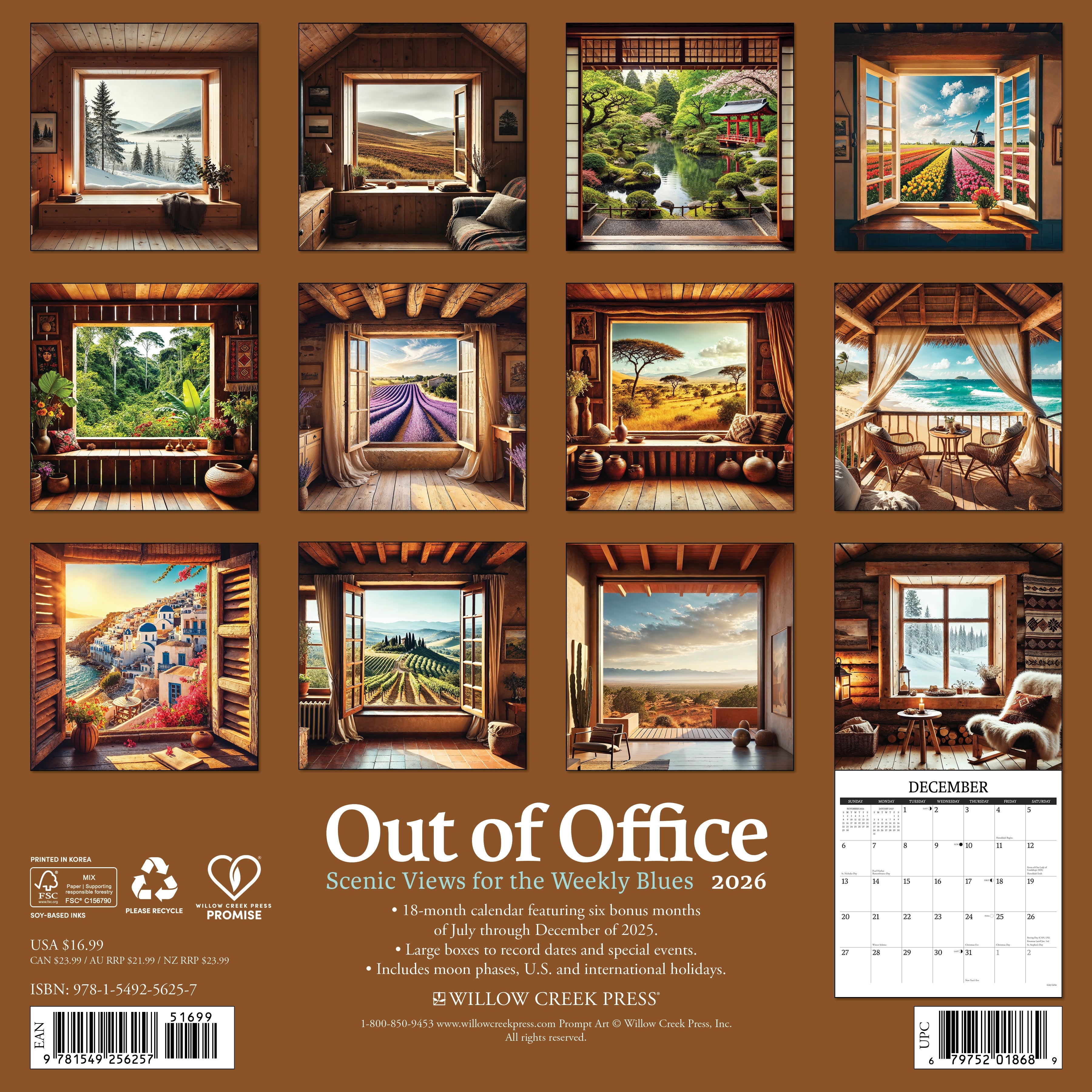 Travel-themed 2026 Wall Calendar – Out of Office: Scenic Views for the Weekly Blues edition with inspiring vistas