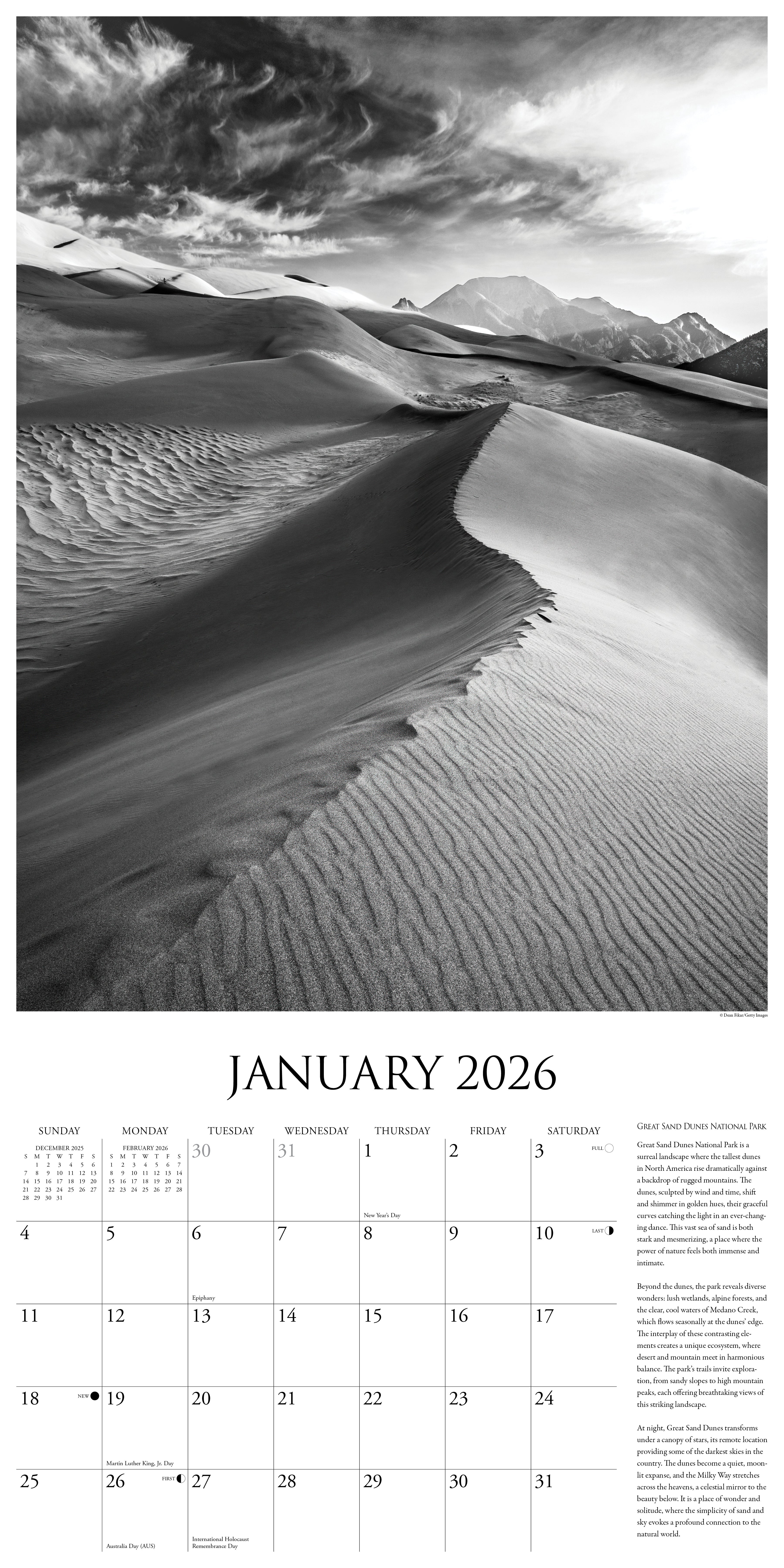 2026 Wall Calendar with large monthly date boxes, decorative images, and holidays, perfect for office or home organization and yearly planning