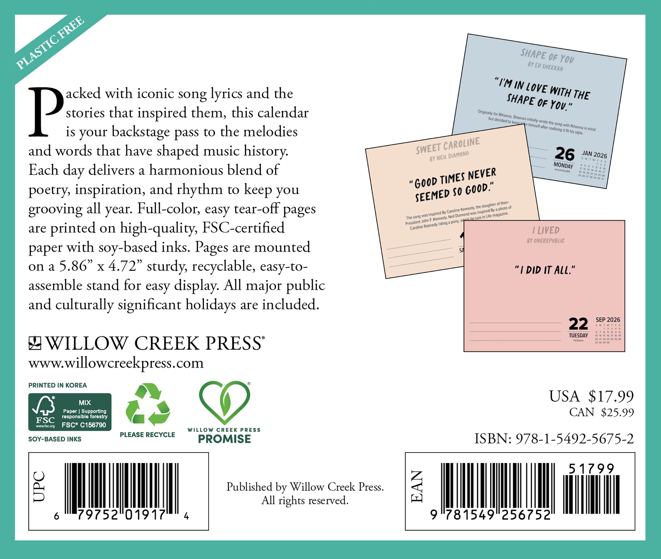 2026 Daily Box Calendar back cover featuring song lyrics and product details from Willow Creek Press.