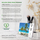 Willow Creek Press promise featuring sustainable packaging practices and 2026 Daily Box Calendar with tropical imagery.