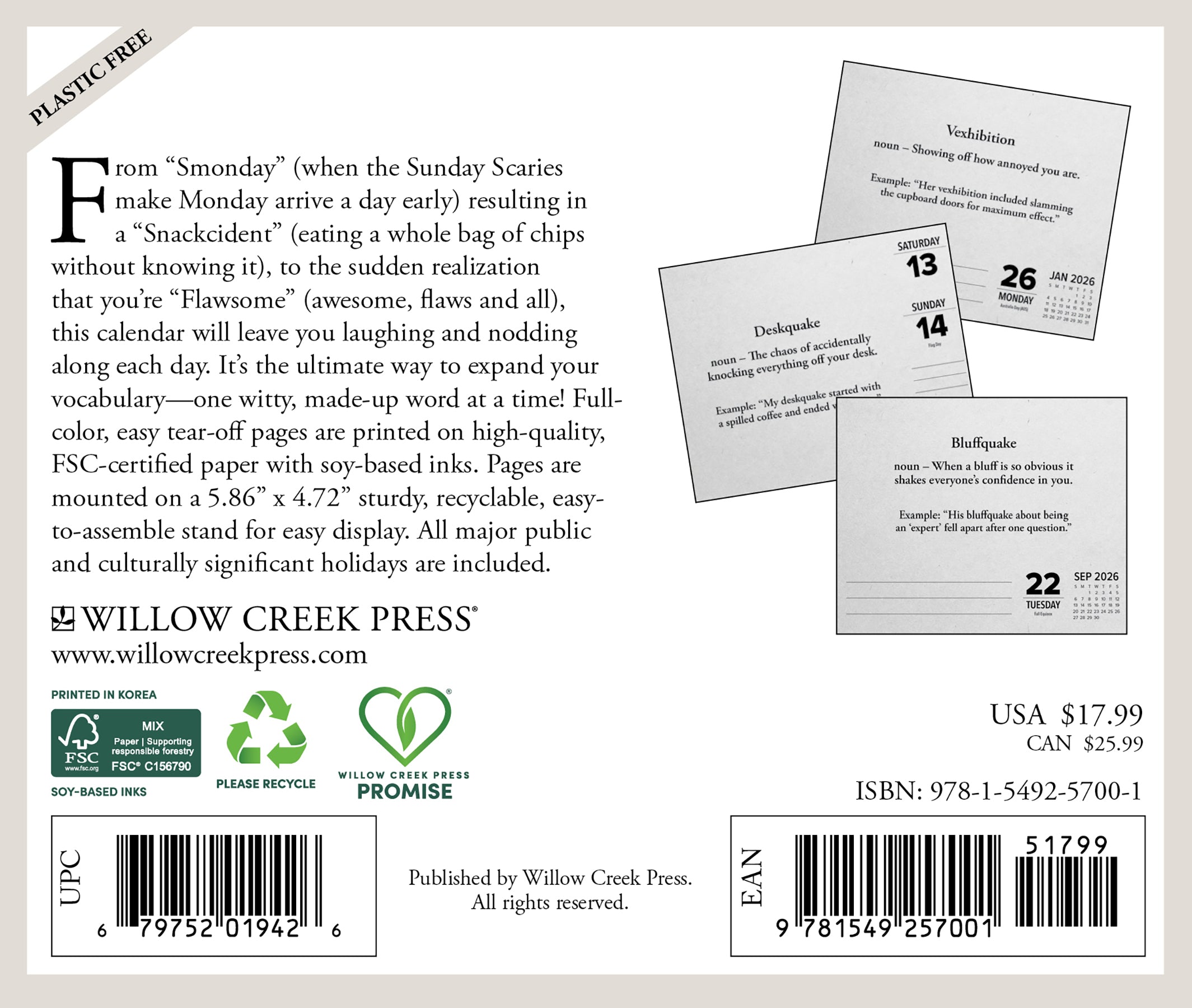 2026 Daily Box Calendar back cover featuring funny made-up words and product details for Willow Creek Press.