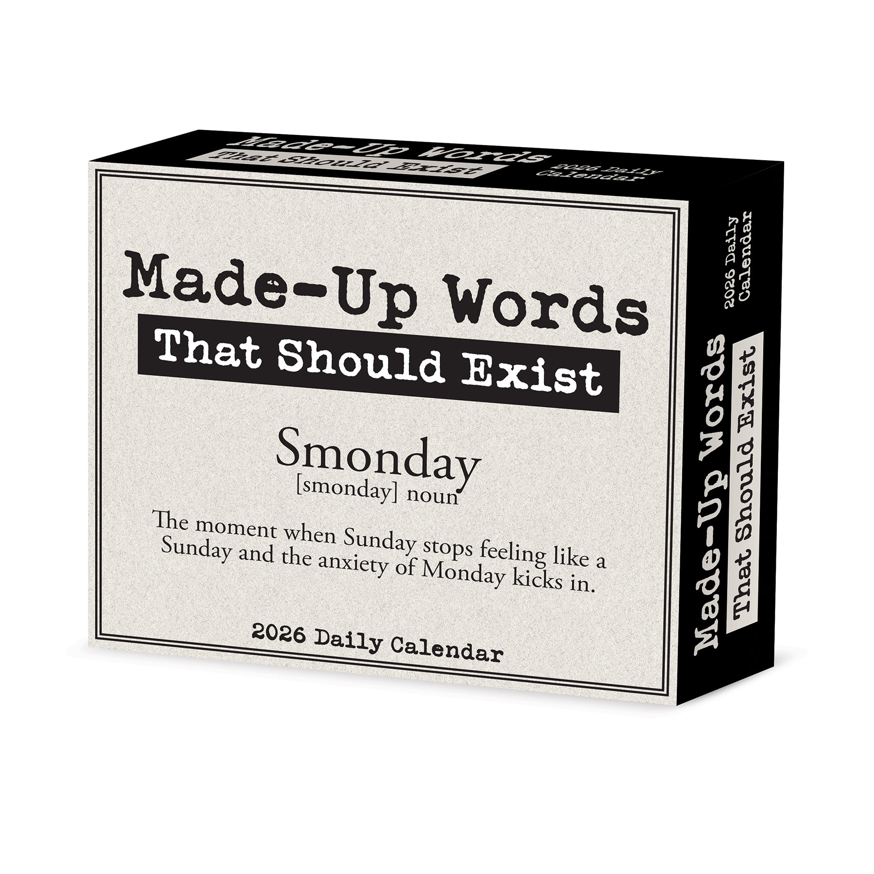 2026 Daily Box Calendar featuring Made-Up Words, including definition of Smonday.