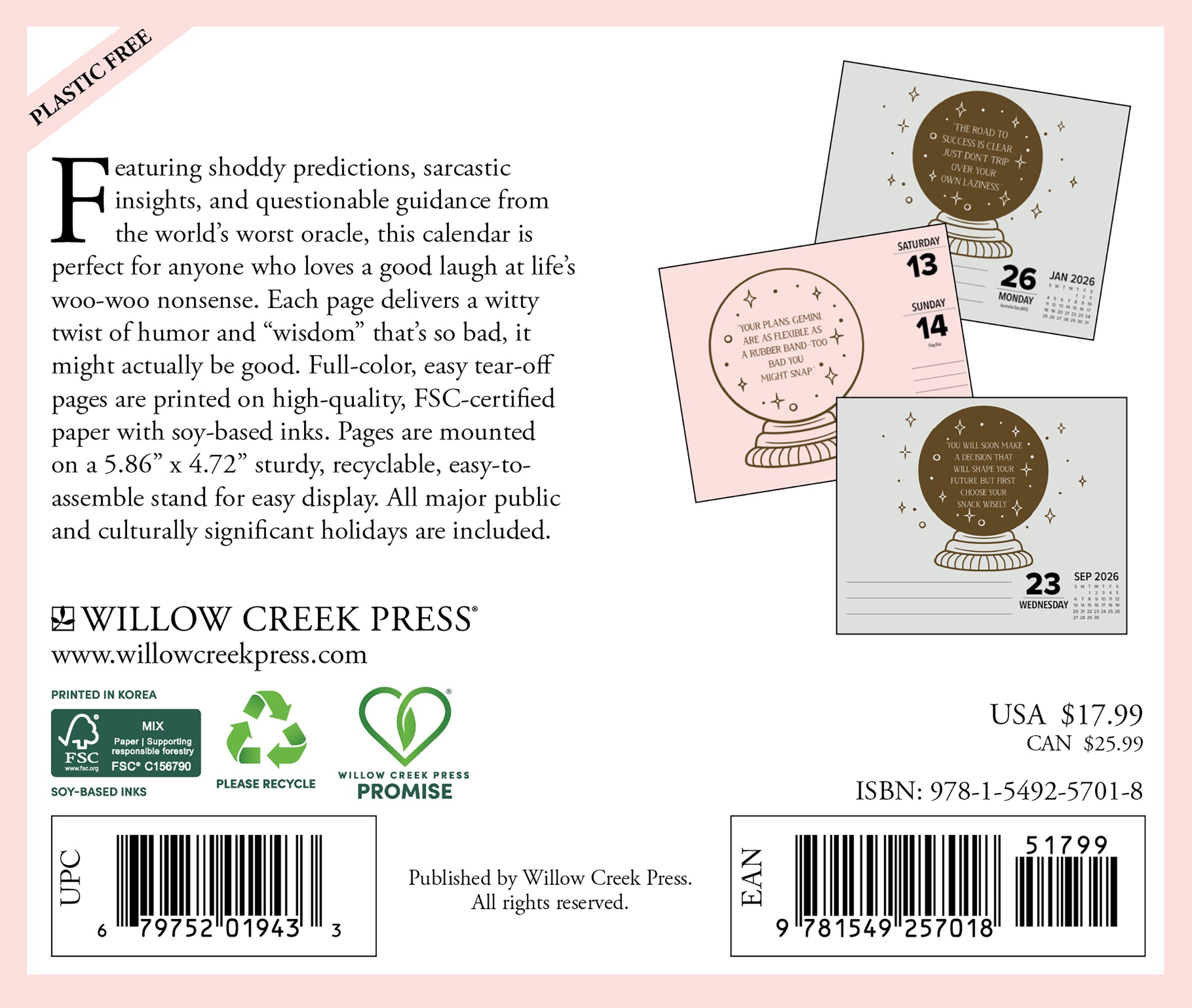 Miss Fortune 2026 Daily Box Calendar back cover showcasing quirky predictions and humor, with UPC and ISBN numbers.