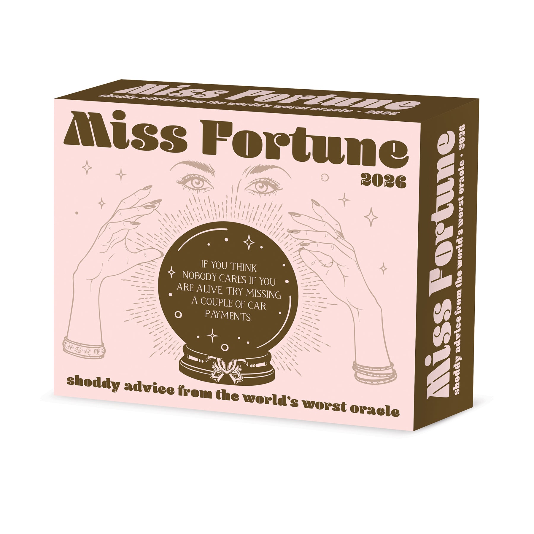 Miss Fortune 2026 Daily Box Calendar packaging featuring humorous predictions and advice from a fake oracle.